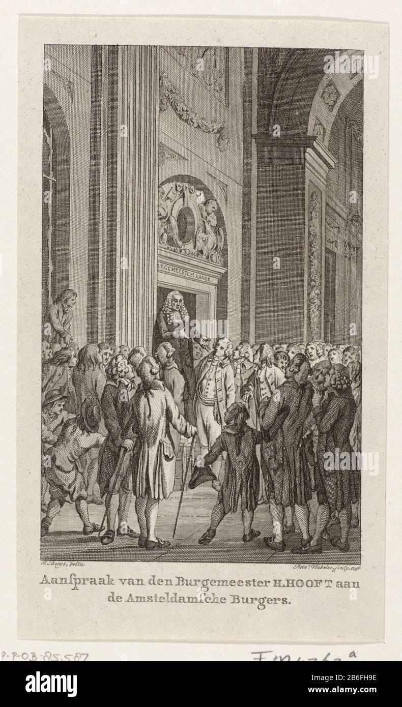 Hendrik Burgemeester Hooft Danielsz negotiates with the middle class, 1787 Entitlement Burgemeester van den HHooft to the Amsteldamsche Burgers (title object) Amsterdam's mayor Henry Hooft Danielsz. negotiates with the citizens over the disposal of the Rhine Count of Salm, 26 February 1787. Hooft speaks standing in front of the entrance of the mayor chamber in the City Hall the assembled citizens toe. Manufacturer : print maker: Reinier Vinkeles (I) (shown on object) to drawing where by: Jacobus Buys (listed property) Place manufacture: Northern Netherlands Date: 1796 Physical features: etchin Stock Photo
