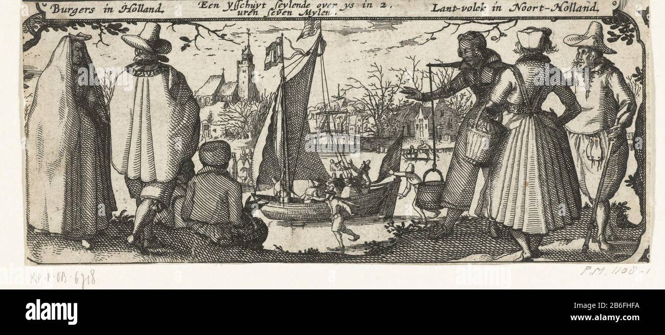 Burgers, ijsschuit and peasants in England, about 1600 Illustrations from the edge work at the map of Holland from 1610 (series title) Costumes, businesses and legends in Holland, illustrations map of Holland. Citizens from the cities, a ijsschuit skaters on the ice and peasants in England. Above the plate one or two lines beschrij. Manufacturer : printmaker: Claes Jansz. Visscher (II) Publisher: Pieter van der Keer Place manufacture: Northern Netherlands Date: 1608 - 1610 Physical features: etching material: paper Technique: etching Dimensions: sheet: H 76 mm × W 177 mm Subject: ice-sailing ( Stock Photo