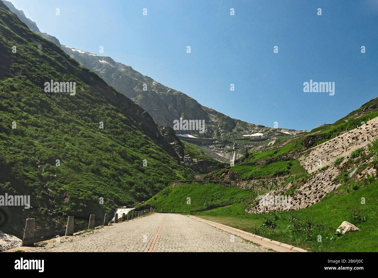 Tremola, cobblestone road, old Gotthard pass road, St. Gotthard pass old road, Gotthard pass south side, passo san Gottardo, Airolo, canton of Ticino, Stock Photo