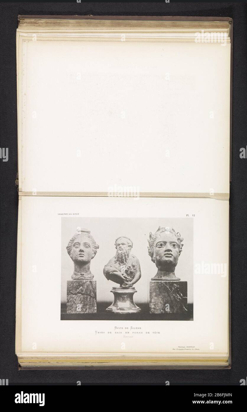 Bust of Silenus and two vases in the form of a head bust the Silène Vases de bain en forme de tête (title object) Object Type: photomechanical printing page Object number: RP-F-2001-7-159- 3 Inscriptions / Brands: number, recto, printed: 'Pl. 12' Manufacturer : Photographer: Stephane Geoffray (listed building) clichémaker: Stephane Geoffray (listed property) Place manufacture: Paris Date: 1879 Material: paper Technique: light pressure measurements: imprinted: H 155 mm × W 200 mm Subject: piece of sculpture, reproduction or a piece of sculpture chest, bust - AA - female human figure container o Stock Photo