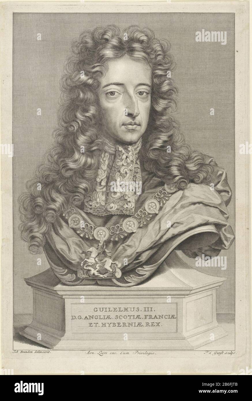 Bust of William III, Prince of Orange Bust of William III. On a pedestal his name and titels. Manufacturer : printmaker: Pieter van Gunst (listed property) designed by J. Brandon (listed building) publisher: Arnout Leers (listed property) Place manufacture: printmaker: Northern Netherlands Publisher: Rotterdam Dating : 1713 - 1766 Physical characteristics: engra and etching material: paper Technique: engra (printing process) / etching dimensions: plate edge: h 334 mm × W 229 mmToelichtingDe here mentioned title refers to the highest obtained title of the subject, not necessarily to the title t Stock Photo