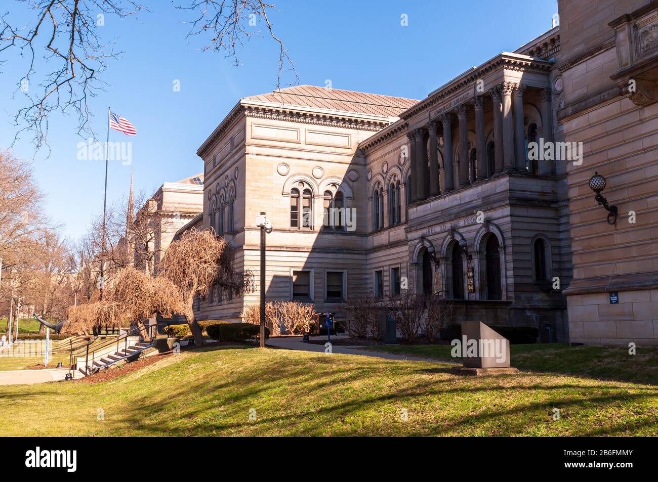 The entrance to the Carnegie Library of Pittsburgh in the Oakland