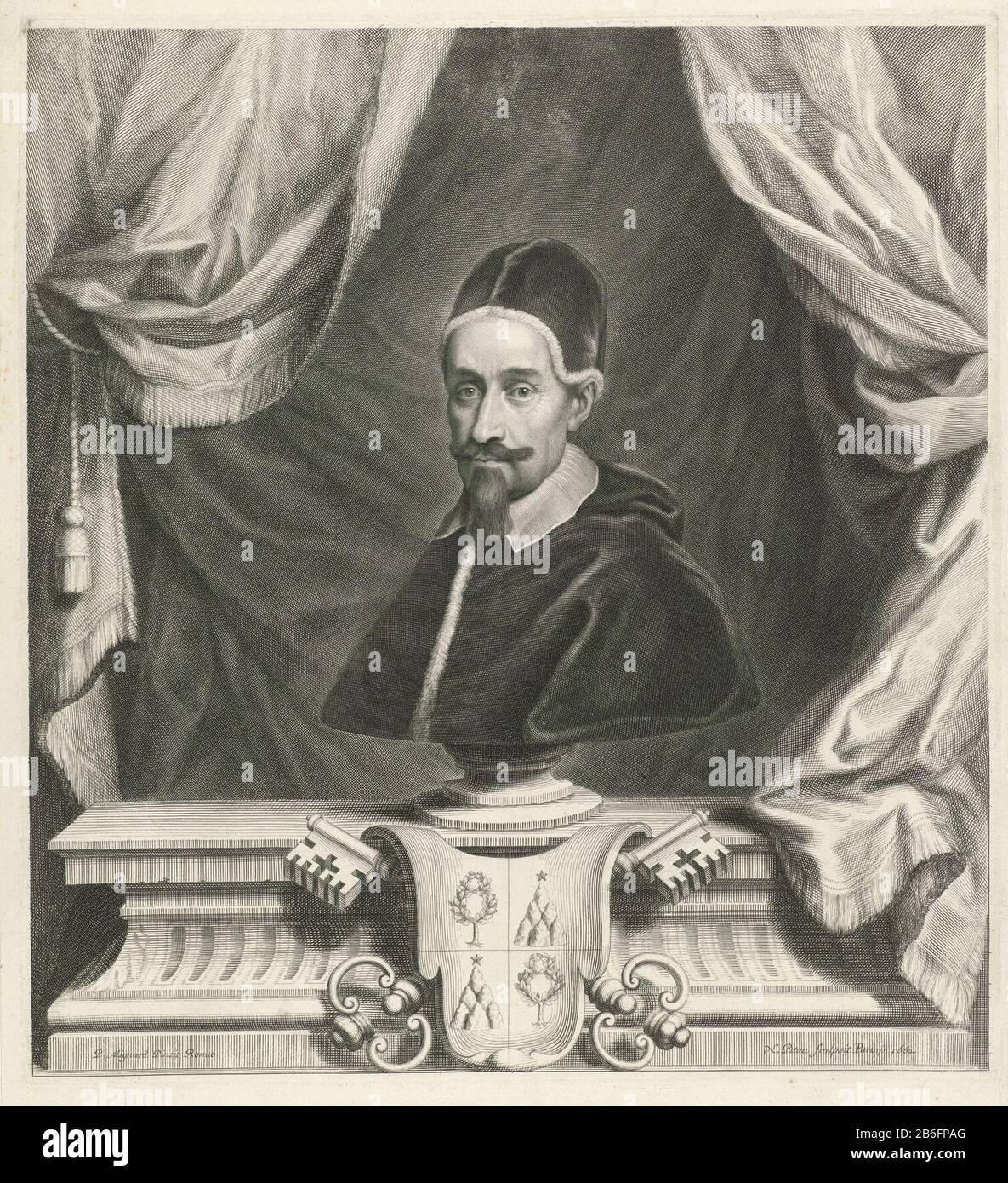 Bust Portrait of Pope Alexander VII Bust Portrait of Pope Alexander VII Object Type : picture Item number: RP-P-OB-61.140Catalogusreferentie: Wurzbach 21 Inscriptions / Brands: collector's mark, verso lower left, stamped: Lugt 240 Manufacturer : printmaker: Nicolas Pitau (I) (listed on object) to painting of: Pierre Mignard (1612-1695) (referred to on object) Place manufacture: print maker: Paris to painting of: Rome Date: 1662 Physical characteristics: engra material: paper Technique: engra (printing process) Measurements: plate edge: h 414 mm × b 382 mm Subject: popearmorial bearing, heraldr Stock Photo
