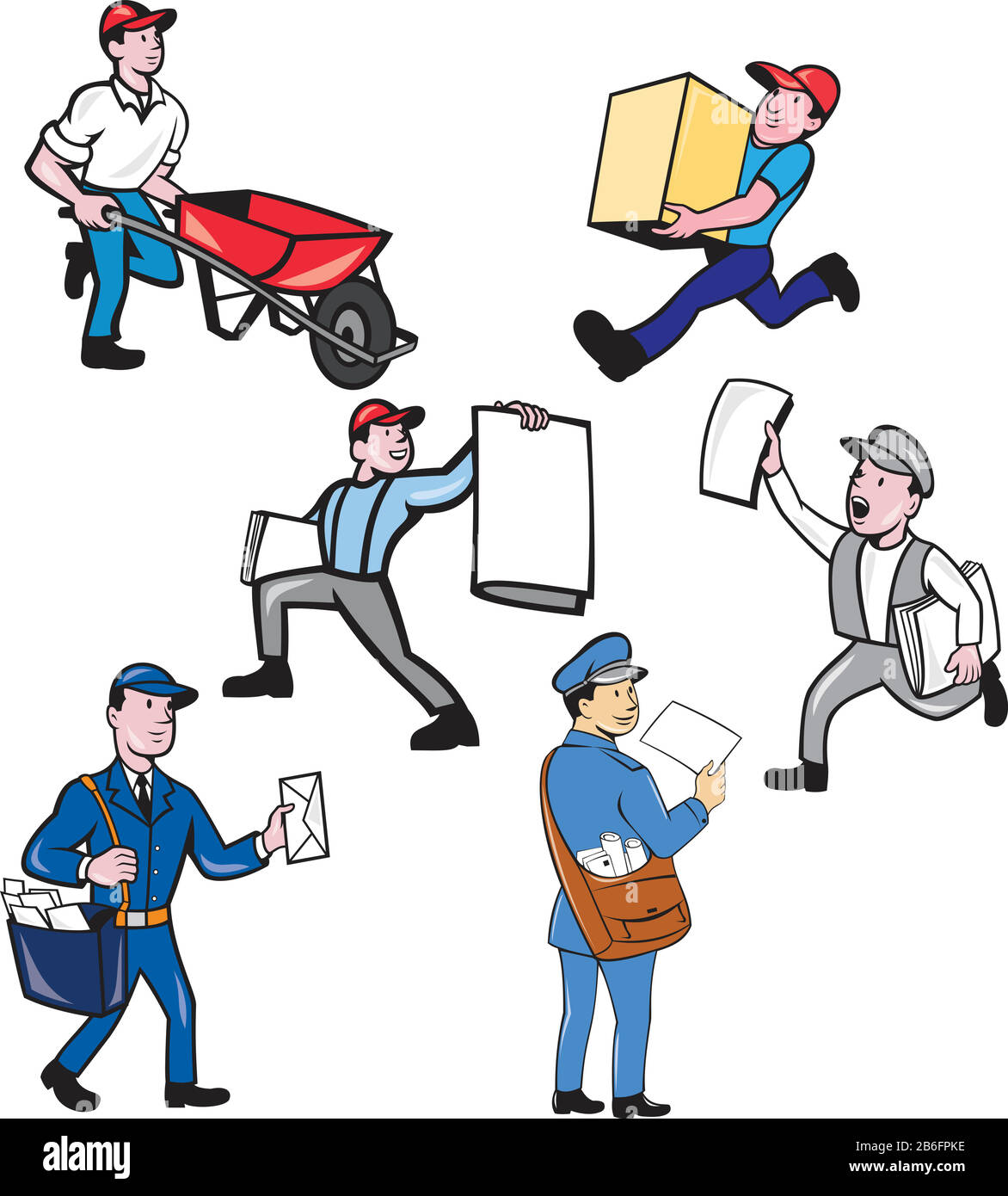 Set or collection of cartoon character mascot style illustration of a delivery person , mailman, postman, newspaper delivery boy on isolated white bac Stock Vector