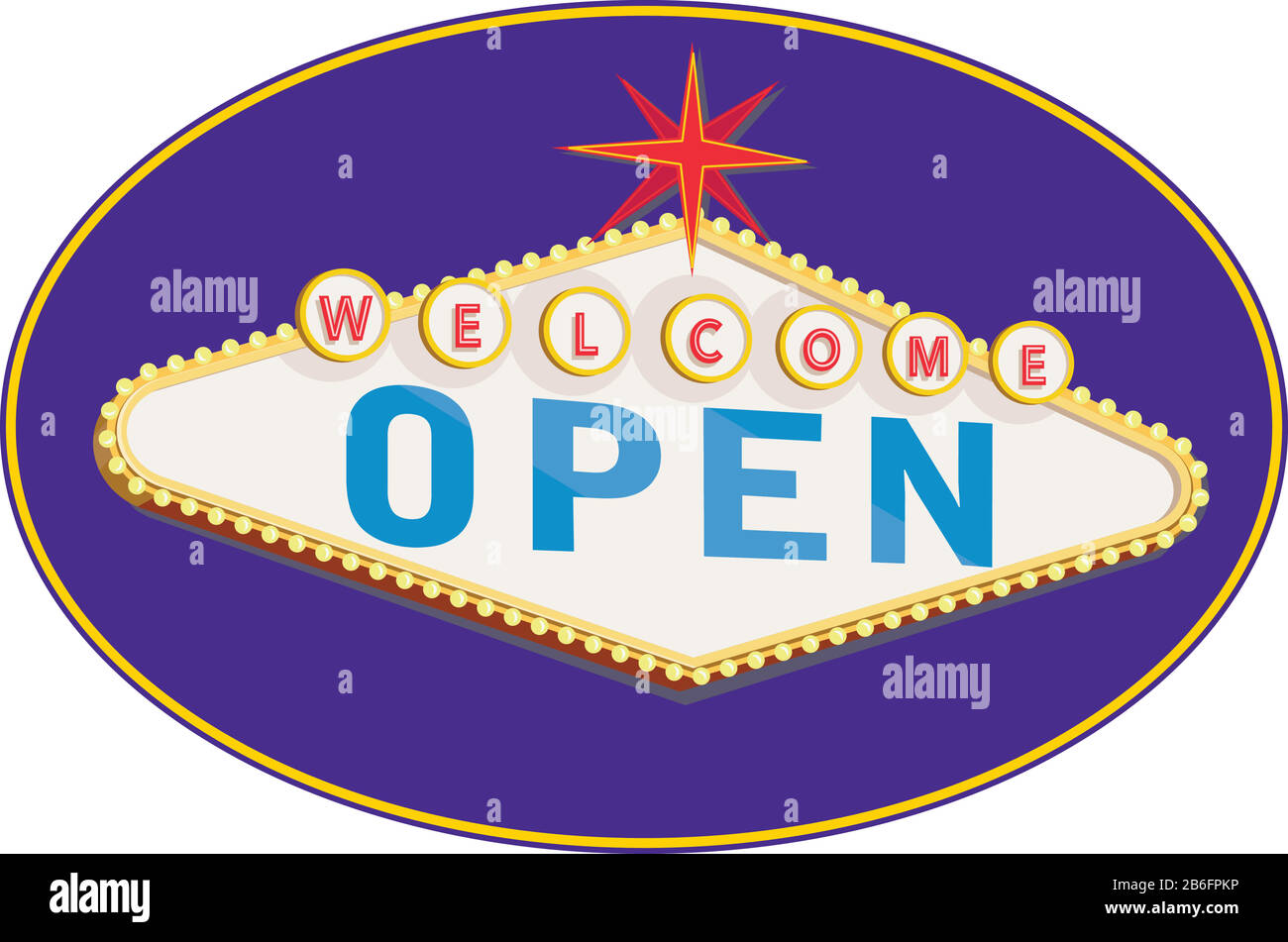 Retro style illustration showing a 1990s neon sign light signage lighting of a Las Vegas style  light signage lighting of welcome open sign on blue ov Stock Vector
