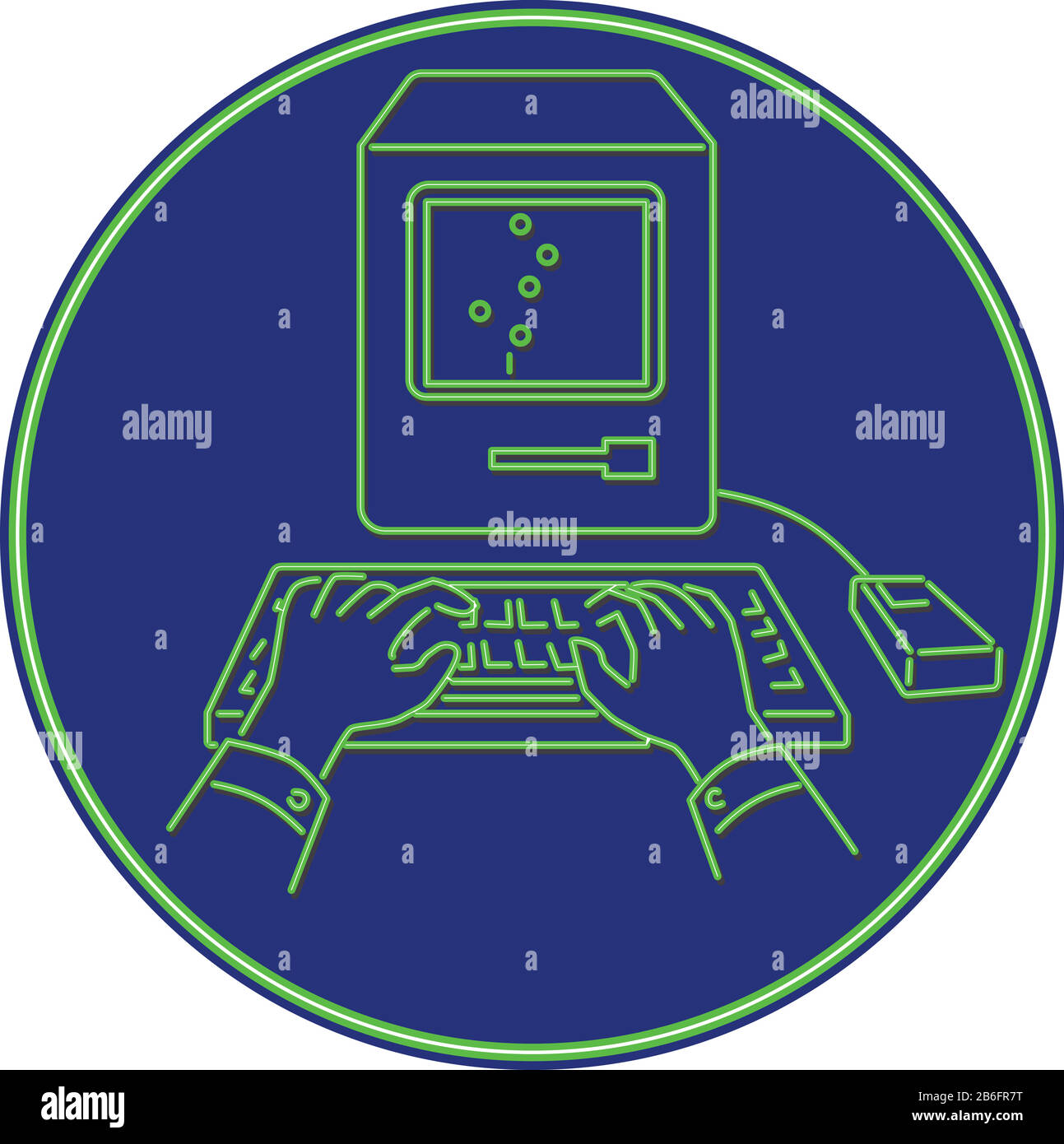 Retro style illustration showing a 1990s neon sign light signage lighting of a hand typing on keyboard of a vintage personal computer set in blue oval Stock Vector