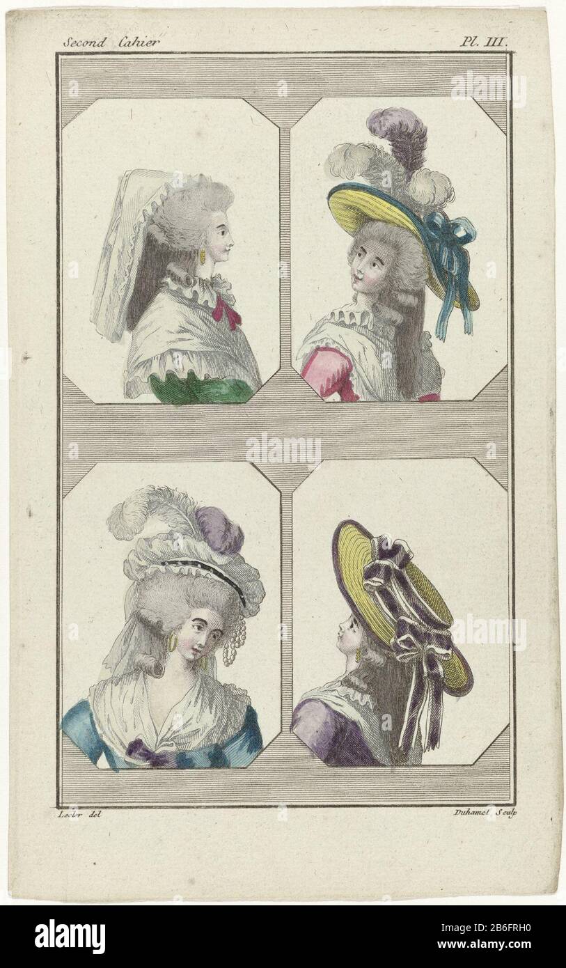 The accompanying text reads: Top left: tulle hat, à la Jannette. Fichu of 'gaze d'Italie', 'à la Henri IV', buttoned with a pink ribbon. Gown of green satin or satin gros vert. The earrings are 'plaques'. Top right: hat à la Marlborough 'Where: two white feathers and a purple feather; decorated with blue ribbons. Fichu of 'gaze d'Italie', 'à la Henri IV. Gown of pink satin. Bottom left: Cap à la Figaro 'by' gaze d'Italie ', in which a white and purple feather and a central band of black velvet adorned with white pearls. The earrings are smooth rings. Fichu of plain tulle. Gown of blue satin, f Stock Photo