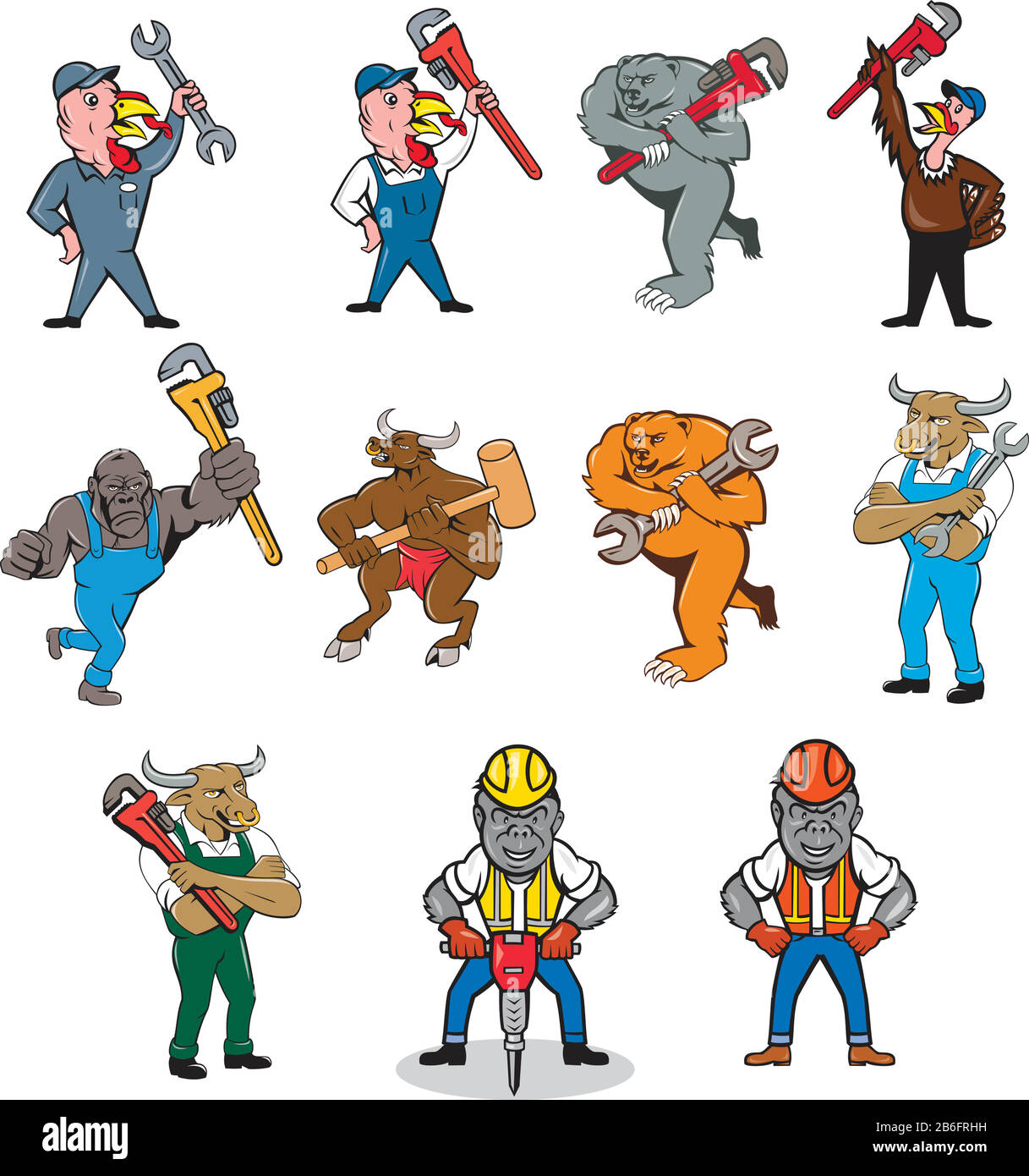 Set or collection of cartoon character mascot style illustration of an animal tradesman like a turkey, bear, bull, gorilla that is a plumber, mechanic Stock Vector