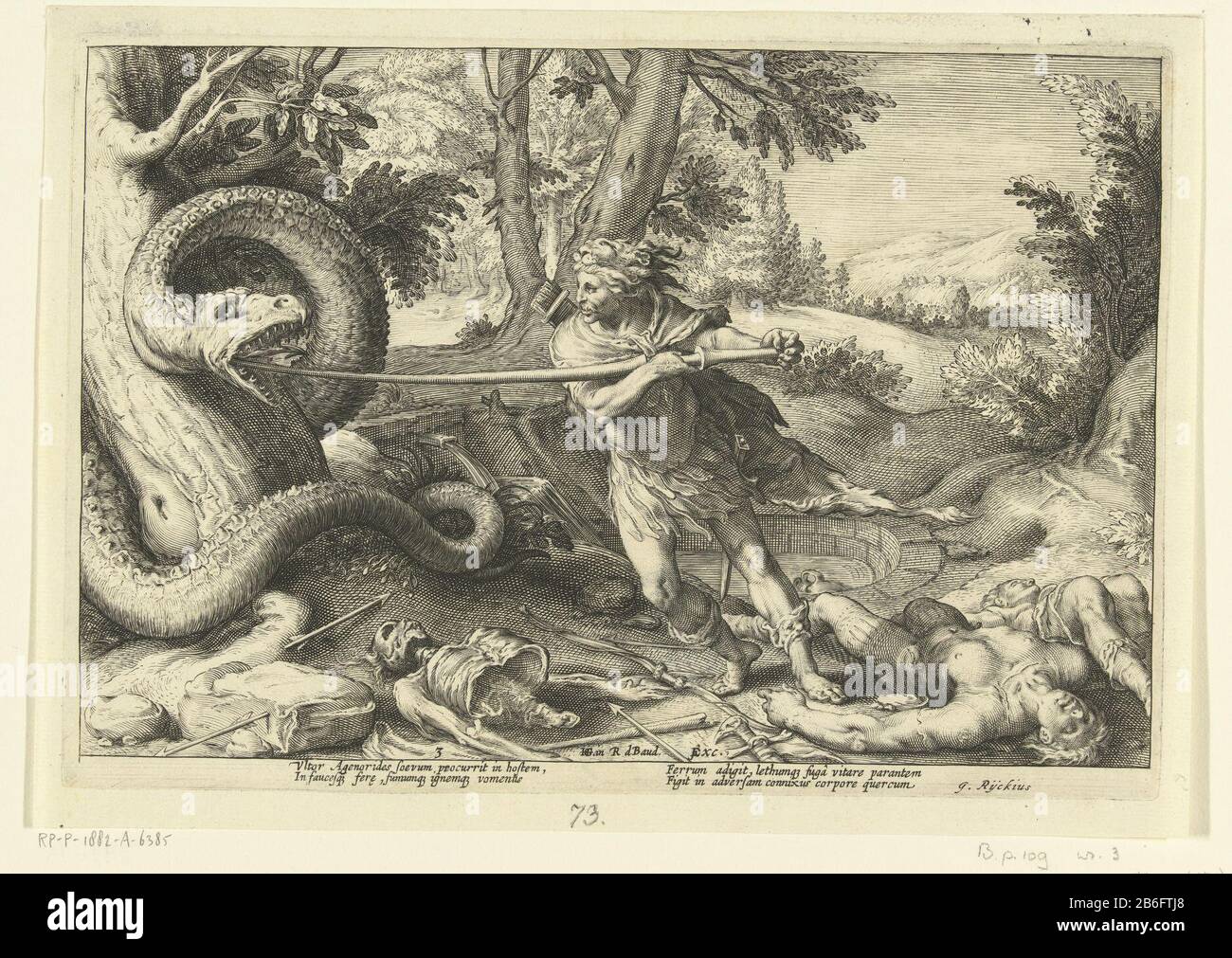 Cadmus kills the dragon Ovid 'Metamorphoses (series title) Cadmus kills the dragon that devoured his companions. Among the show twice two lines of Latin text. This print is part of a series of 52 prints that depict stories from Ovid's Metamorphoses. This series is divided into three numbered series: two of 20 prints and one of 12 prints. This picture belongs to the third reeks. Manufacturer : printmaker: Hendrick Goltzius (studio) printmaker Robert Baudous the (studio) to design: Hendrick Goltzius (listed property) writer G. Rijckius (listed building) publisher: Robert de Baudous (listed prope Stock Photo