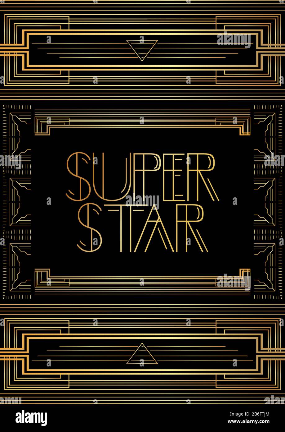 Art Deco Super Star text. Golden decorative greeting card, sign with vintage letters. Stock Vector