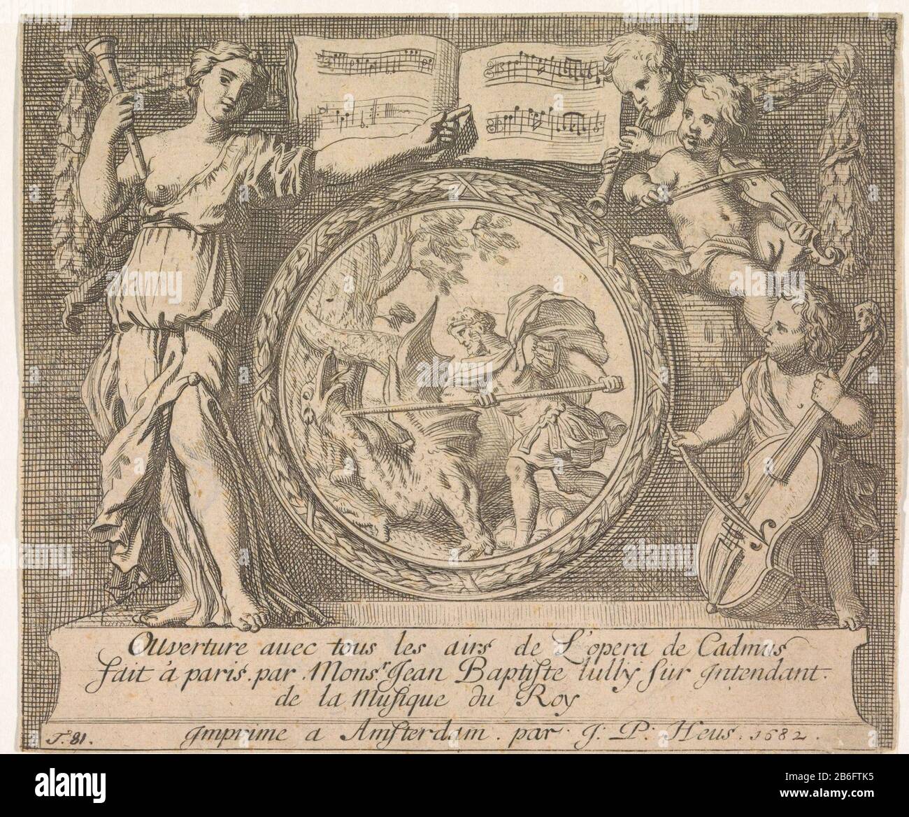 Cadmus kills the dragon Cadmus kills the dragon that devoured his companions. The mythological scene is captured in a medallion-shaped table. Left them pointing a woman with a flute on sheet music over the list. Right putti play three different instruments. Underneath the picture is a three-line signature in Frans. Manufacturer : printmaker: Gerard de Lairesse Publisher: Jean Philip Heus (listed property) Place manufacture: Amsterdam Date: 1682 Physical features: etching material: paper Technique: etching Dimensions: print: H 154 mm × W 183 mm Subject: Cadmus slays the dragoncupids' amores', ' Stock Photo