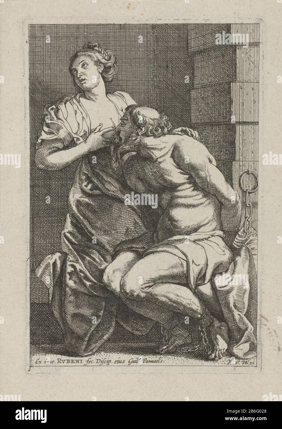 Caritas Romana Pero suckling chained Cimon in the gevangenis. Manufacturer : printmaker Willem Panneels (listed building), designed by Peter Paul Rubens (listed building) publisher: Frans van den Wijngaerde (listed property) Place manufacture: Antwerp Dating: ca. 1610 - 1634 Physical features: etching and engra material: paper Technique: etching / engra (printing process) Measurements: plate edge: h × 143 mm b 95 mm Subject: Pero suckling Cimon ( 'Charity romana) Stock Photo