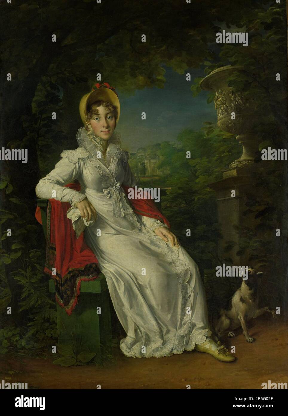 Portrait of the Duchess of Berry, Carolina Ferdinanda Louisa Sicily (the eldest daughter of Francis I. king of Naples), wife of Charles Ferdinand, Duke of Berry in the park Bagatelle in the Bois de Boulogne in Paris. Full Length, sitting on a garden bench with a vase. Right at her feet a hondje. Manufacturer : painter François Gérard Dating: 1820 - 1837 Physical characteristics: oil on canvas material: oil canvas Dimensions: support: h 194.5 cm. B × 142.5 cm. outside: d 6.8 cm. (Carrier including SK-L-4015.) Subject Where: Paris Stock Photo