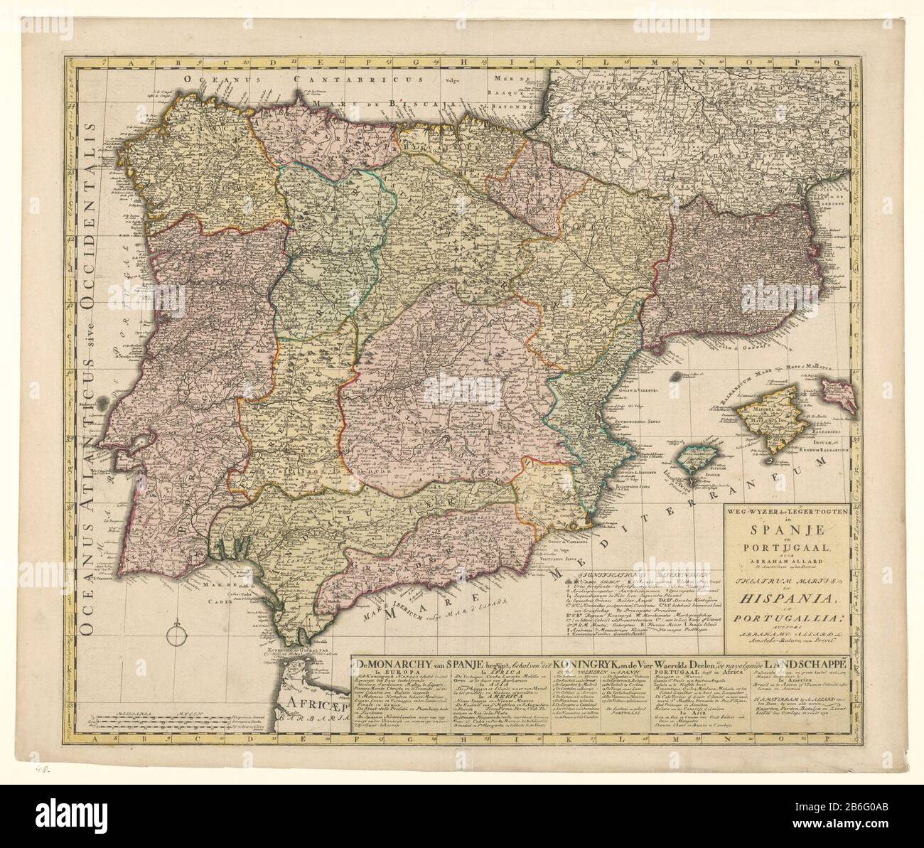 Cartography in the Netherlands, map of Spain and Portugal Map of Spain and Portugal, areas colored yellow border. R.o. legend, M.O. to r.o. Text (enumeration in six columns Where: Also included in Portugal's possessions). L. O. compass and scale in Spanish and German leagues miles and hours. Inscriptions; R.O .: -way-POINTER of LEGERTOGTEN / SPAIN / and / PORTUGAL - THEA TRE MARTIS / IN / HISPANIA / ET / PORTUGALIA. signed; R.O .: By ABRAHAM ALLARD / Auctore Abrahamo ALLARD. Manufacturer : cartographer: Abraham Allard Place manufacture: Amsterdam Date: 1675 - 1725 Material: paper Technique: en Stock Photo