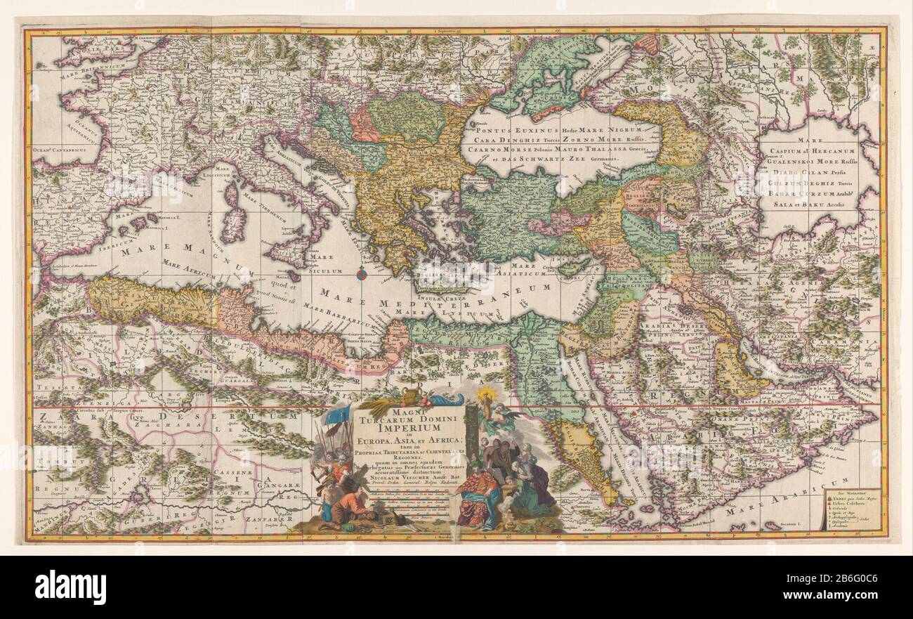 Cartography in Netherlands map of the Mediterranean region of Europe, N Africa and the Middle East (Ottoman Empire) Map of the Turkish Empire, areas colored, trees, mountains and buildings drawn, yellow border. Windroos m. M.O. circular inscription martial and allegorical scene with regard to the Turkish sultan. R.o. legend. Inscriptions; m.o .: MAGNI / TURCARUM DOMINI / EMPIRE / in. EUROPE, ASIA, AFRICA ET; ....etc. signed; m.o .: per NICOLAUM VISSCHER Amst: Bat: m.o .: Tideman f. W.v. Gouwen sch. Manufacturer : cartographer: Nicolaes Visscher (I) executor: Gilliam van der Gouwe Performer: Ph Stock Photo