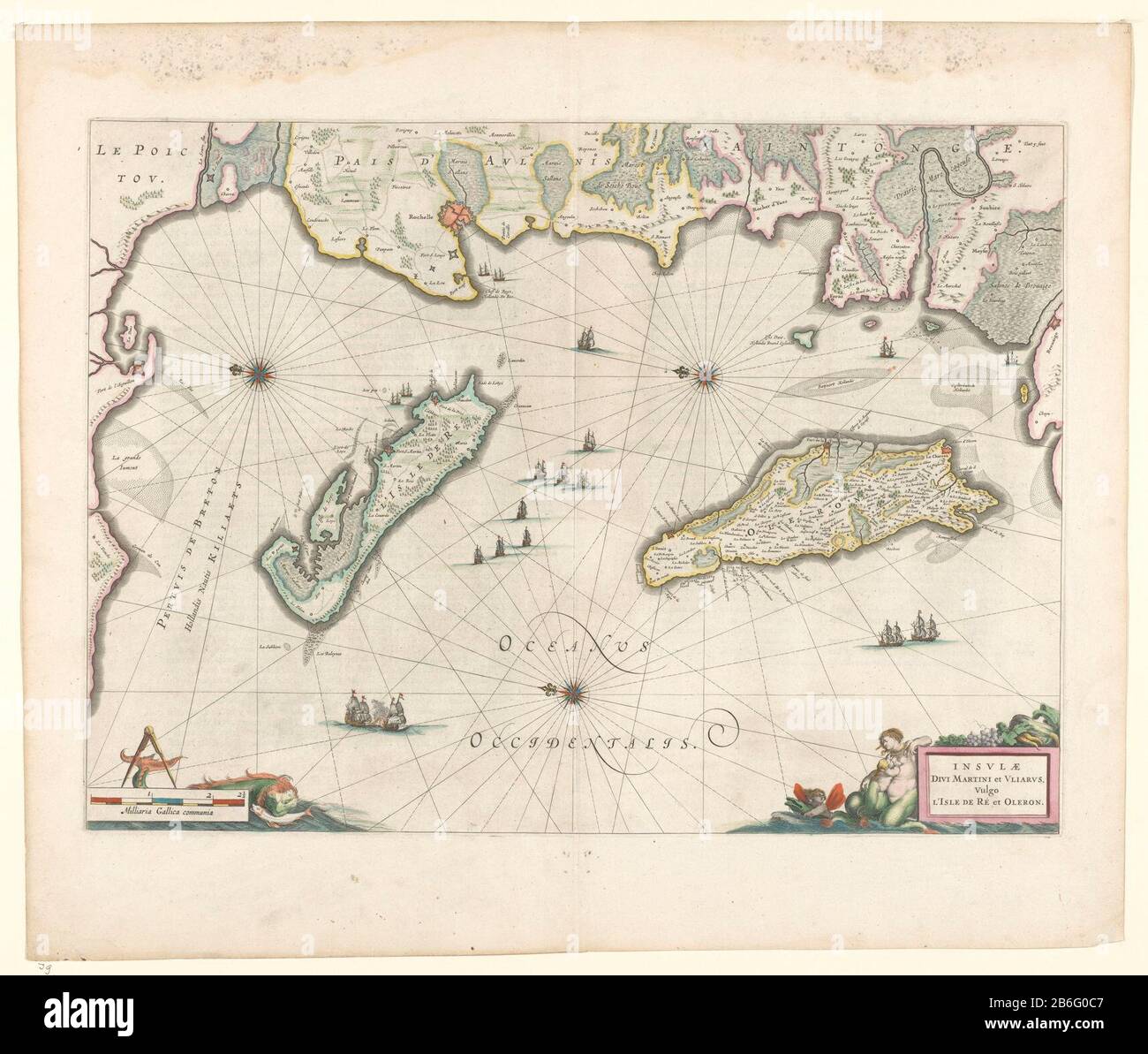 Map of the islands of Ré and Oléron and the French coast, land and coastal colored . Three wind roses, r.b, M.O. and L.B. North is on the left. Ships at sea. L. O. scale French miles with sea monster and passer. R.o. at inscription allegorical figures. Verso: 2 pages of text, two columns each. Inscriptions; R.O .: INSLAVAE / DIVI MARTINI et VLIARVS, Vulgo / L'Isle de RE et OLERON. Manufacturer : publisher: Mercator Publisher: Jodocus Hondius Publisher: Janssonius Dating: 1600 - 1650 Material: paper Technique: engra (printing process) / color dimensions: h 39 cm. B × 53.7 cm. Stock Photo