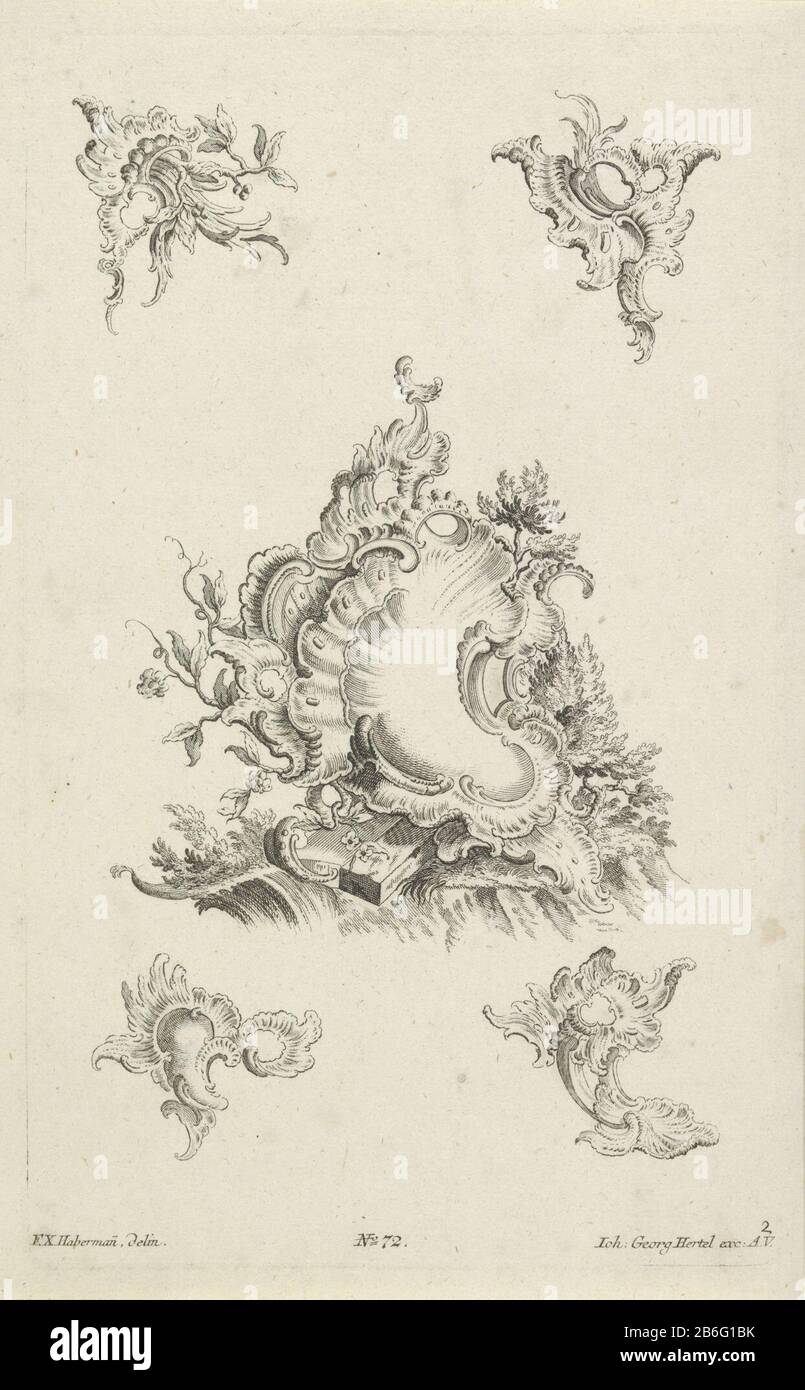 Cartouche with flower and leaf patterns cartouches and rocaillemotieven (series title) Four rocaille ornaments and a rocaille cartouche. Publisher number 72. Manufacturer : printmaker: anonymous to drawing of Franz Xaver Habermann (listed building) Publisher: Johann Georg Hertel (I) (listed building) Place manufacture: Augsburg Date: 1731 - 1775 Physical features: etching material: paper Technique: etching Dimensions: plate edge : h 296 mm × W 180 mm Subject: seed bead ornament ornament  cartouche Stock Photo