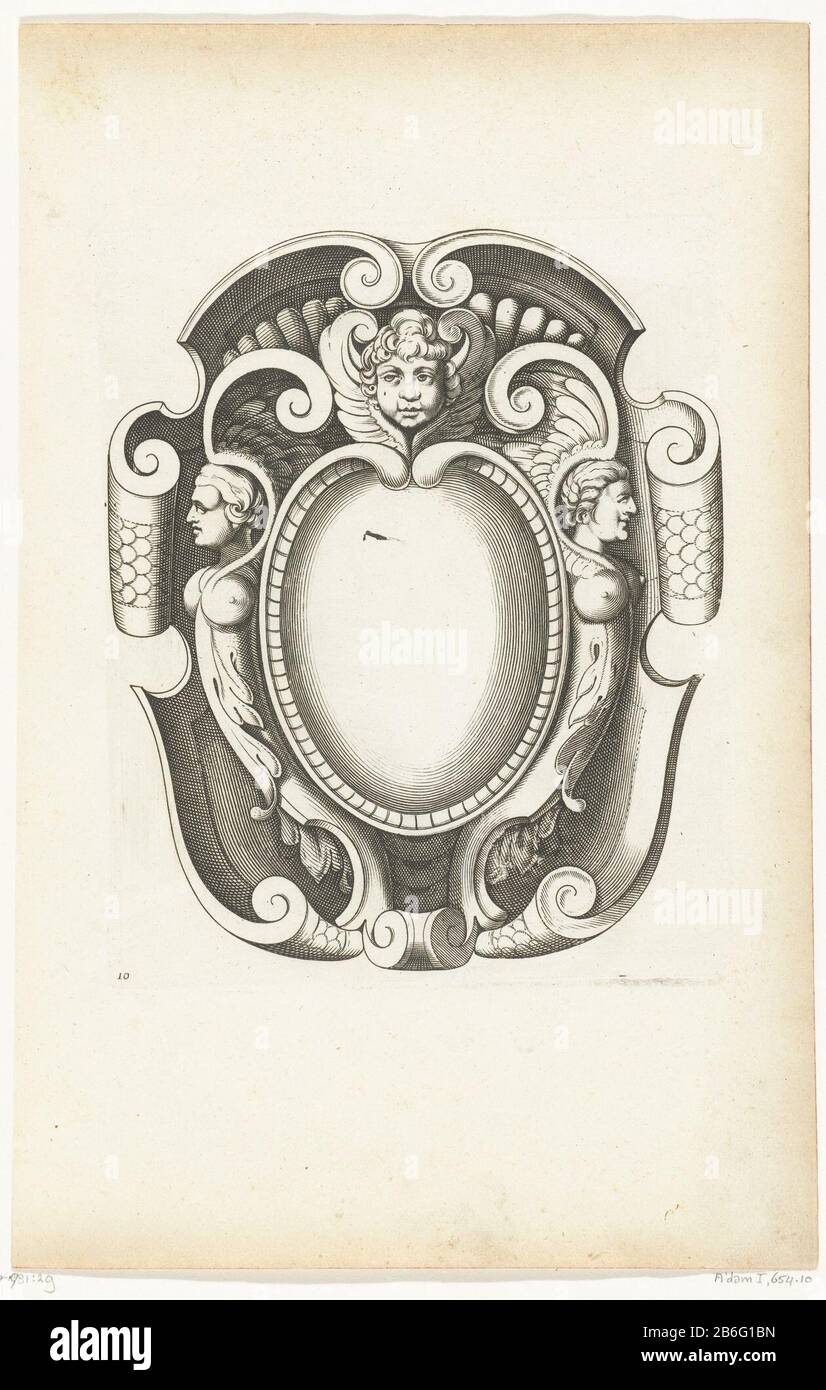 Cartouche with cherub top cartouches in frames of scroll work with grotesques, garlands and mascarons (series title) Left and right is in the frame a winged female herme. Manufacturer : printmaker: Pierre Fire Belt design: Federico Zuccarouitgever: Pierre Mariette (I) Place manufacture: France (possible) Dated: 1613 - 1657 Material: paper Technique: engra (printing process) Dimensions: plate edge: h 182 mm × W 151 mm Stock Photo