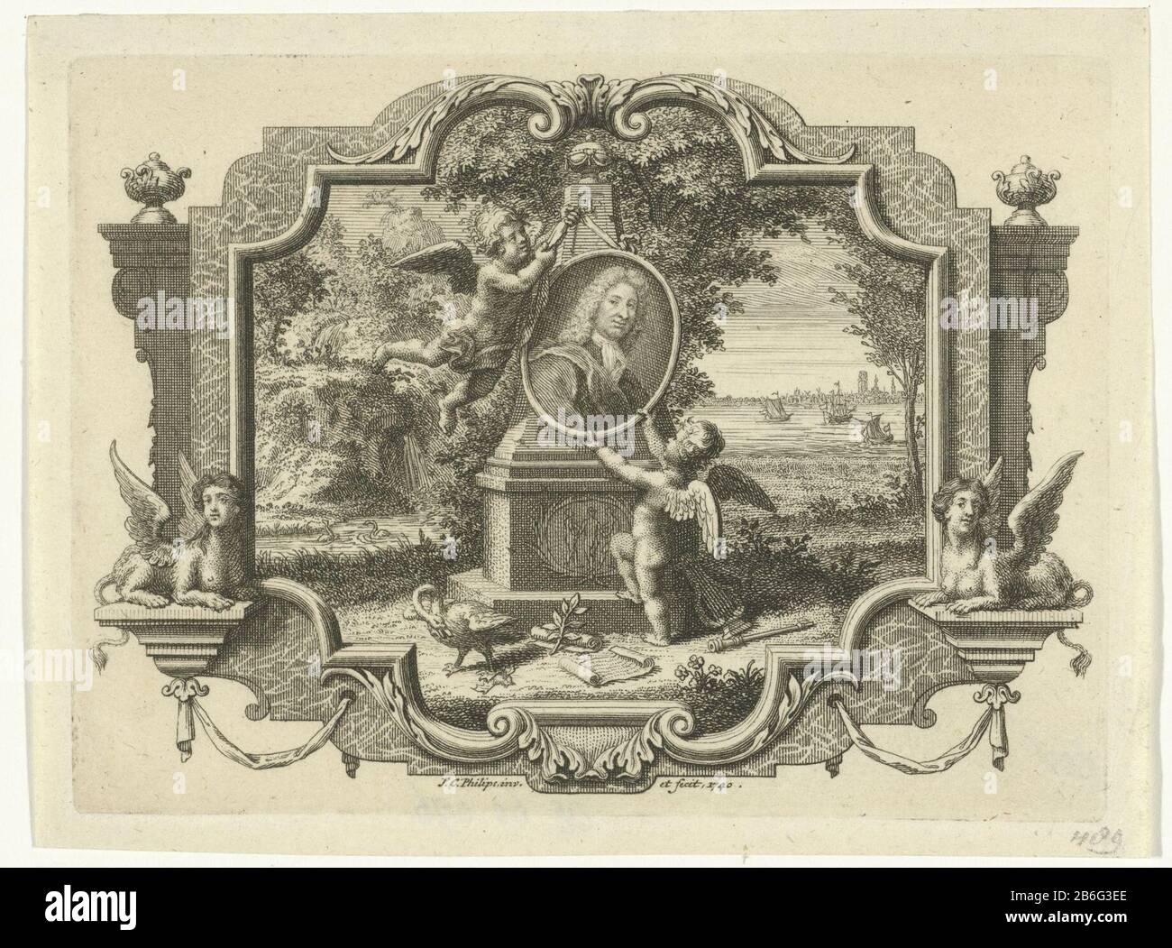 Cartouche with a portrait of Pieter RABUS Landscape with a commemorative monument where two putti a medallion with a portrait of the writer Pieter Rabus to hang. In the background a view of Rotterdam. Manufacturer : printmaker Jan Caspar Philips (listed building) in its design: Jan Caspar Philips (listed property) Place manufacture: Amsterdam Date: 1740 Physical features: etching and engra material: paper Technique: etching / engra (printing process) Measurements: plate edge: h 92 mm × W 125 mm Subject: grave, tomb and other grave-forms and grave-markers Stock Photo