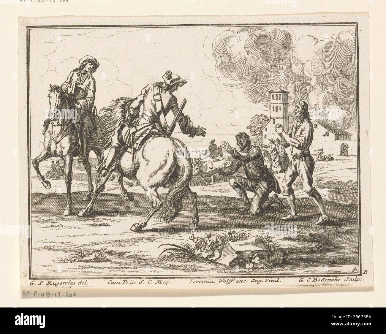 Cavalry take up cattle Riders (series title) LeBlanc: In the background a burning village. Besides two riders in the foreground are two men in pleading posture. Bottom right: B. Manufacturer : printmaker: Georg Conrad Bodenehr (listed property) to drawing: Georg Philipp Rugendas (listed building) publisher: Jeremias Wolf (listed property) provider of privilege: Leopold I (emperor of Germany) (specify on object) provider of privilege: Charles VI (emperor of the Holy Roman Empire) (shown on object) Place manufacture: Augsburg Date: 1686 - 1710 Physical characteristics: etching material: paper Te Stock Photo