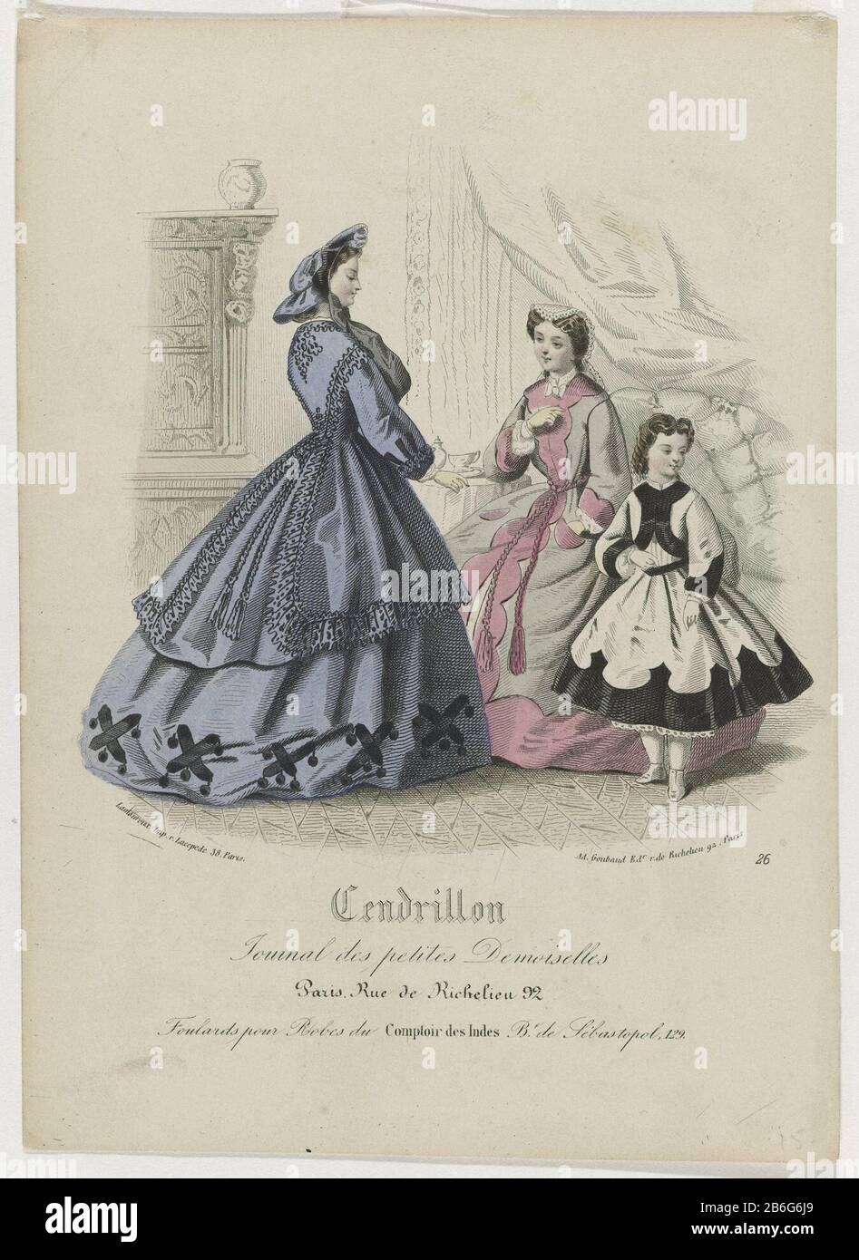 Cinderella, 1866 No. 26 Journal of Small Demoiselles RP-P-2009-3503 Woman,  seen from behind, in a light purple jacket trimmed with ruffles and strings  (?). Wide light purple skirt at the hem decorated
