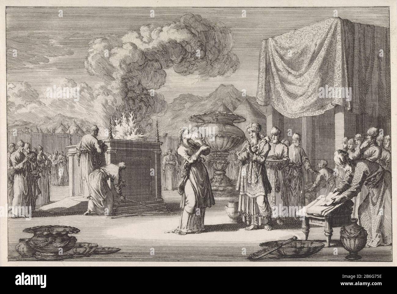 Formal testing female infidelity a woman drinking from a large cup. Opposite her is the high priest. In the background is made an offering on an altar. This is the Jewish ceremony that tests the loyalty of a married woman (Numbers 5: 11-35) . Manufacturer : printmaker Jan Luyken To own design: Jan Luyken Publisher: Pieter Mortier (I) Place manufacture: Amsterdam Date: 1700 Physical features: etching; proofing material: paper Technique: etching Dimensions: sheet: H 145 mm × W 214 mmToelichtingProefdruk for a book illustration for David Martin. History of the Old and New Testament, verrykt with Stock Photo