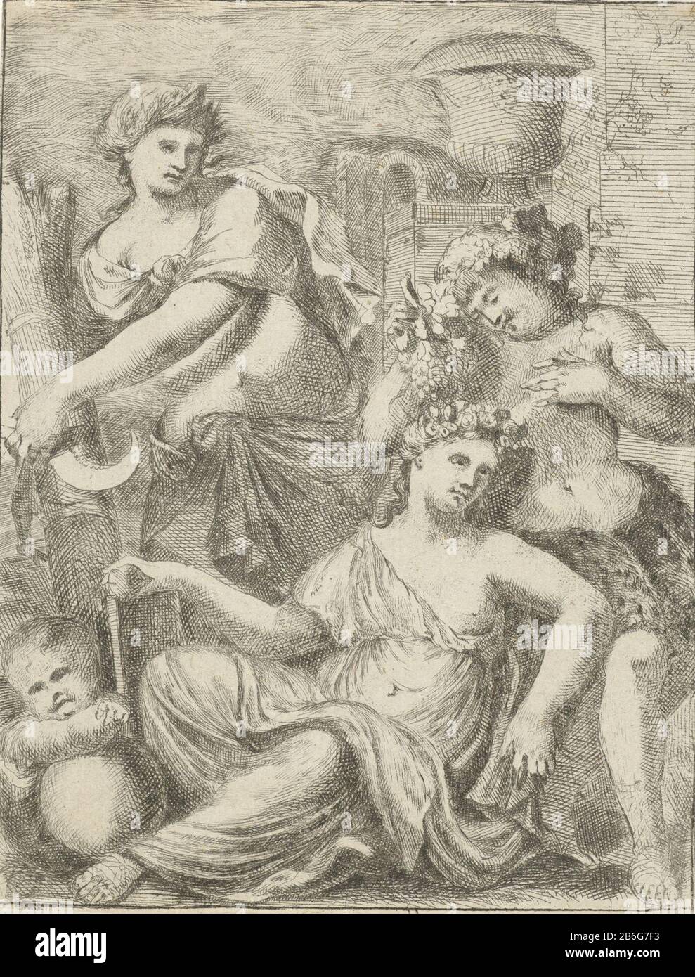 Ceres, Bacchus en Venus Venus and Cupid, accompanied by Ceres and Bacchus. Imagination of the saying 'Sine Cerere et Baccho friget Venus '(without bread and wine freezes love) . Manufacturer : printmaker Pieter van der Plas (II) Place manufacture: Northern Netherlands Date: 1687 - 1708 Physical features: engra and etching material: paper Technique : etching / engra (printing process) Dimensions: sheet: h 164 mm × W 126 mm Subject 'sine Cerere et Baccho friget Venus' Stock Photo