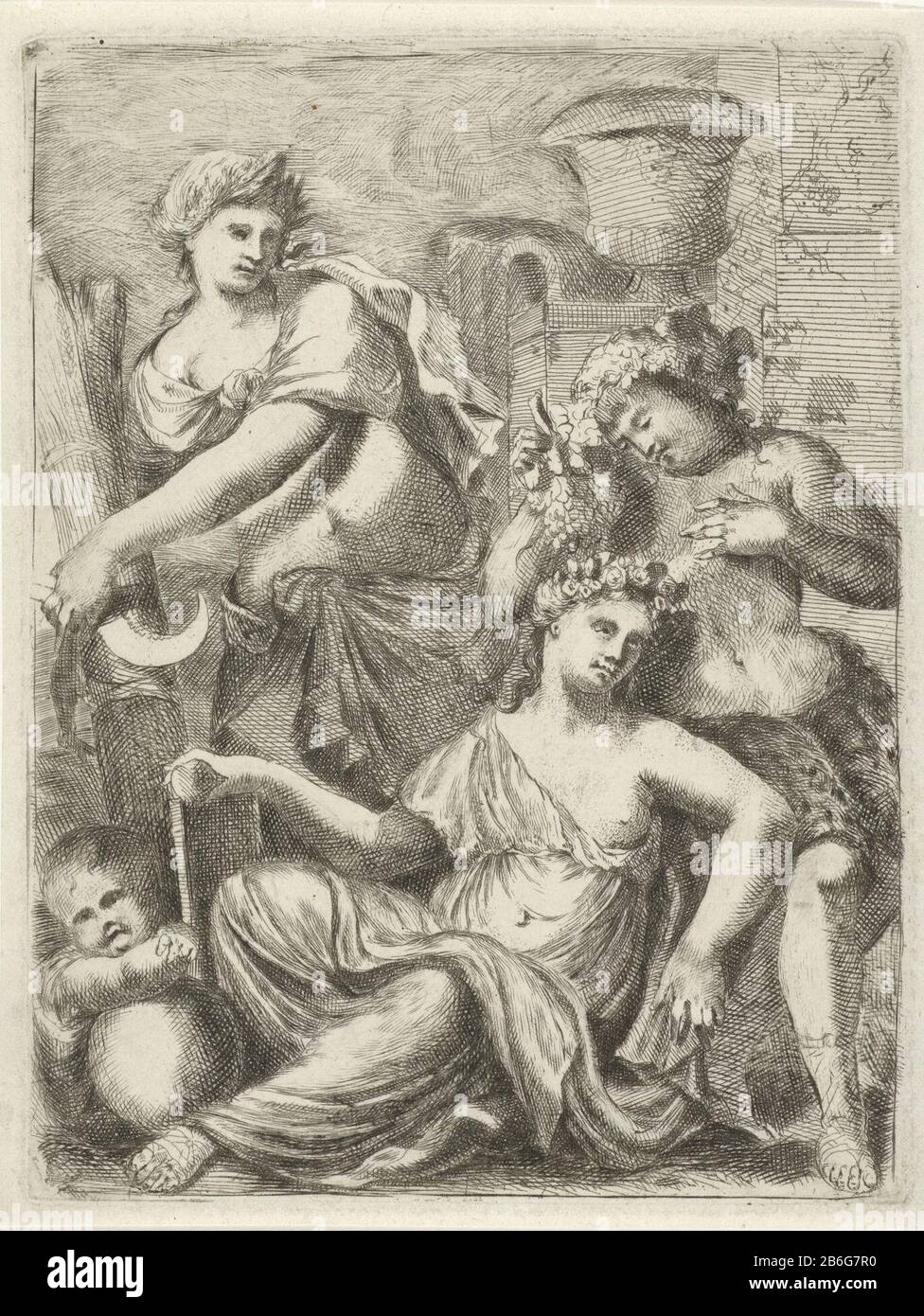 Ceres, Bacchus en Venus Ceres, Bacchus and Venus Property Type: picture Item number: RP-P-1878-A-1415Catalogusreferentie: Hollstein Dutch 51 (2) Note: state determined from existing prints in Rijksprentenkabinet Description: Venus and Cupid, accompanied by Ceres and Bacchus. Imagination of the saying 'Sine Cerere et Baccho friget Venus '(without bread and wine freezes love) . Manufacturer : printmaker Pieter van der Plas (II) Place manufacture: Northern Netherlands Date: 1687 - 1708 Physical features: engra and etching material: paper Technique : engra (printing process) / etch dimensions: pla Stock Photo