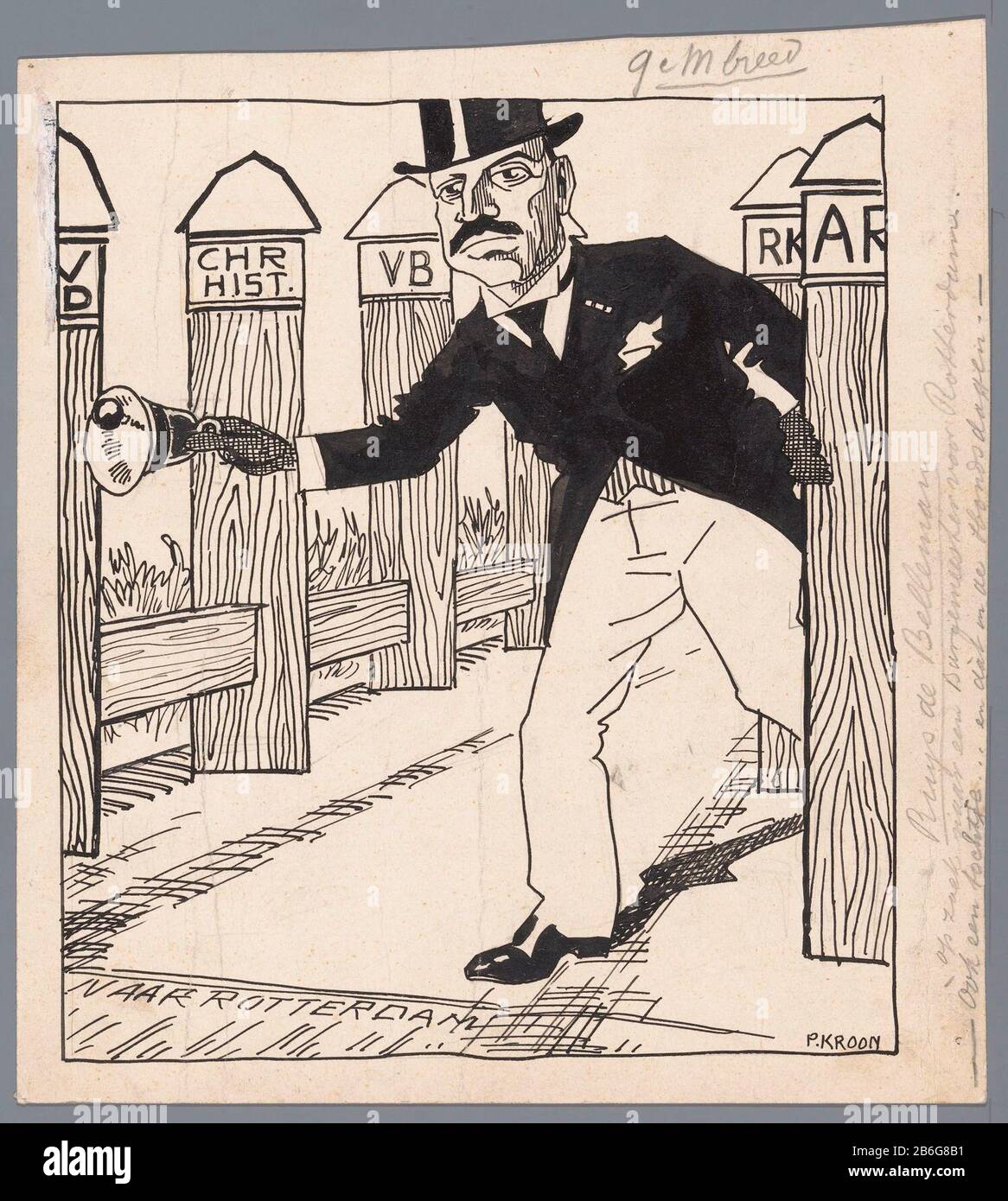 Charles Ruijs Beer Pants looking for a mayor for Rotterdam Ruys the town crier (title object) Charles Ruijs Bear trousers as crier with a call to find a mayor for Rotterdam. Draft political spotprent. Manufacturer : artist: Patricq Crown (personally signed) Place manufacture: Netherlands Date: 1910 - 1935 Physical features: pen and brush in black material: paper Technique: pen Dimensions: H 220 mm × W 197 mm Date: 1910 - 1935 Stock Photo