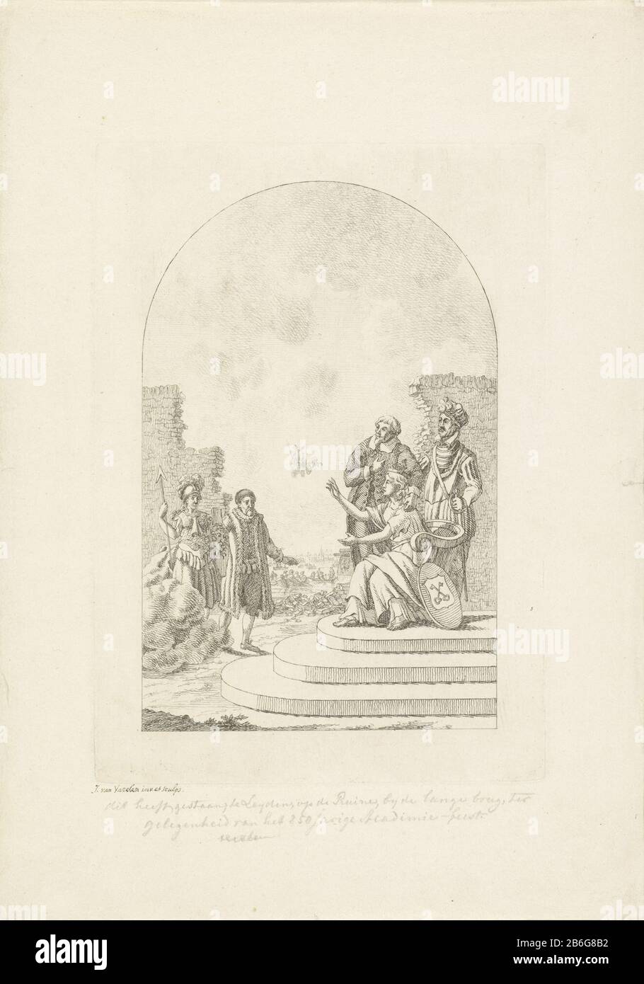 Chassinet with William of Orange and Minerva for the Leiden city maiden, at the 250-year-old Academy Festival in Leiden, 1825 William of Orange and Minerva standing before the maiden cities of Leiden its throne trying to get up to greet the two. Behind her two men standing: Johan van der Does and Mayor Peter van der Werff. Against a background of a broken brick wall. The wall view of boats on the water Where: is brought along food to the city during the liberation of Leiden. Airborne Mars departs in his chariot. This performance was depicted on a chassinet prepared to ruin the Langebrug Leiden Stock Photo