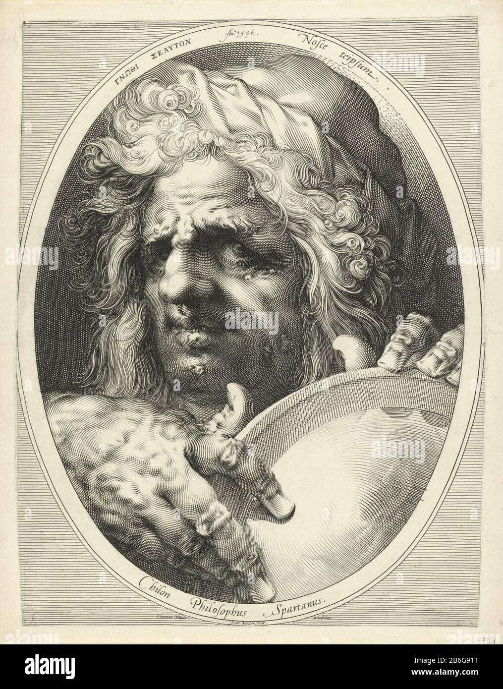 Chilon Chilon Philosophus Spartanus (title object) Chilon of Sparta, one of the seven sages of Greece, the spectator holds up a mirror. Top on the list are saying 'Know thyself' in Latijn. Manufacturer : printmaker Jan Harmensz. Muller (listed building) in its design: Jan Harmensz. Muller Publisher: Harmen Jansz Muller (listed property) Place manufacture: Amsterdam Date: 1596 Physical features: car material: paper Technique: engra (printing process) Dimensions: plate edge: H 480 mm × W 370 mm Subject: the seven wise men of Greece: Bias, Chilon, Cleobulus, Periander (alternatively Myson), Pitta Stock Photo