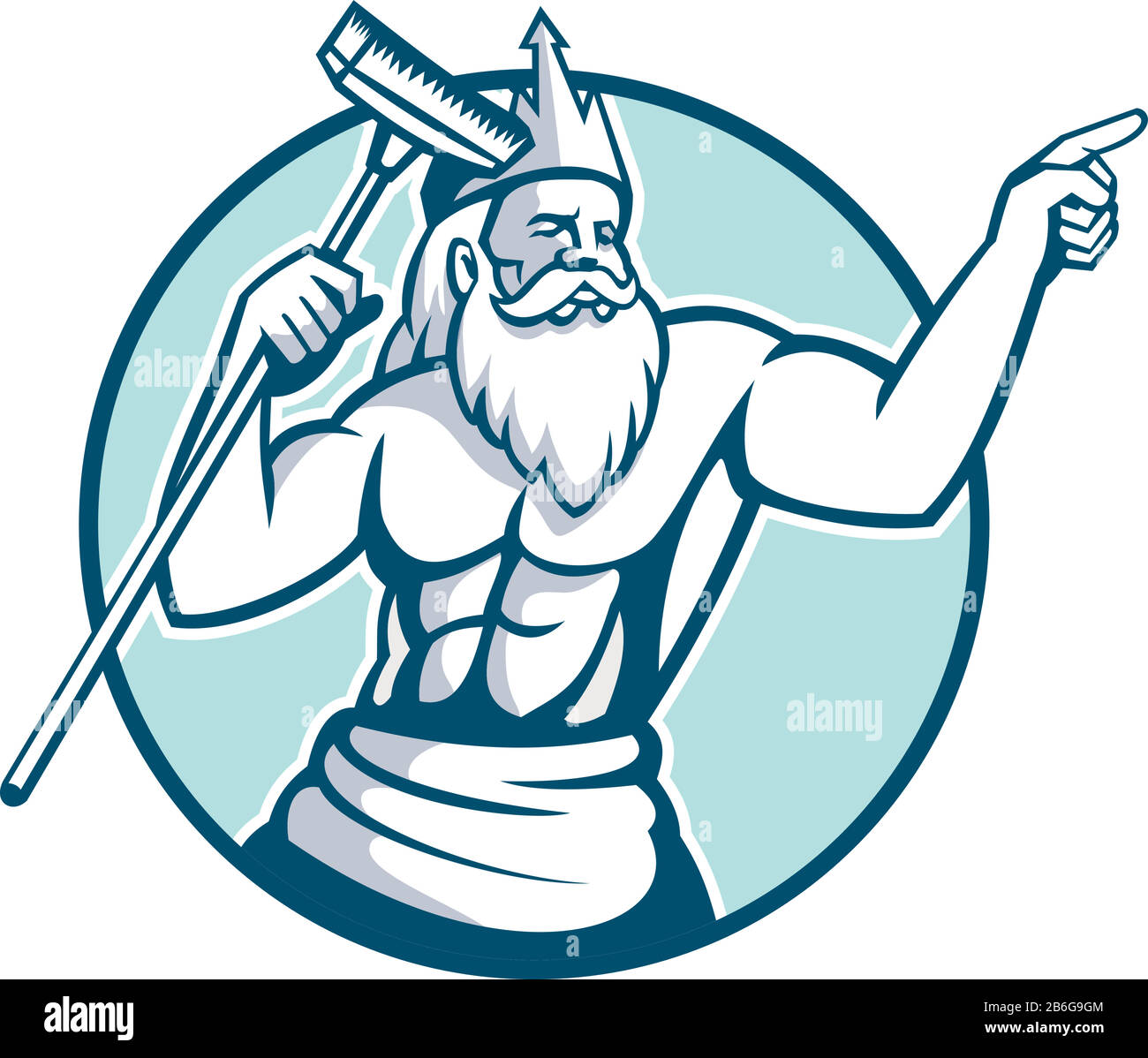 Mascot icon illustration of Neptune, god of the sea in Roman mythology or Poseidon in Greek, holding a pool scrub or brush cleaner pointing set inside Stock Vector