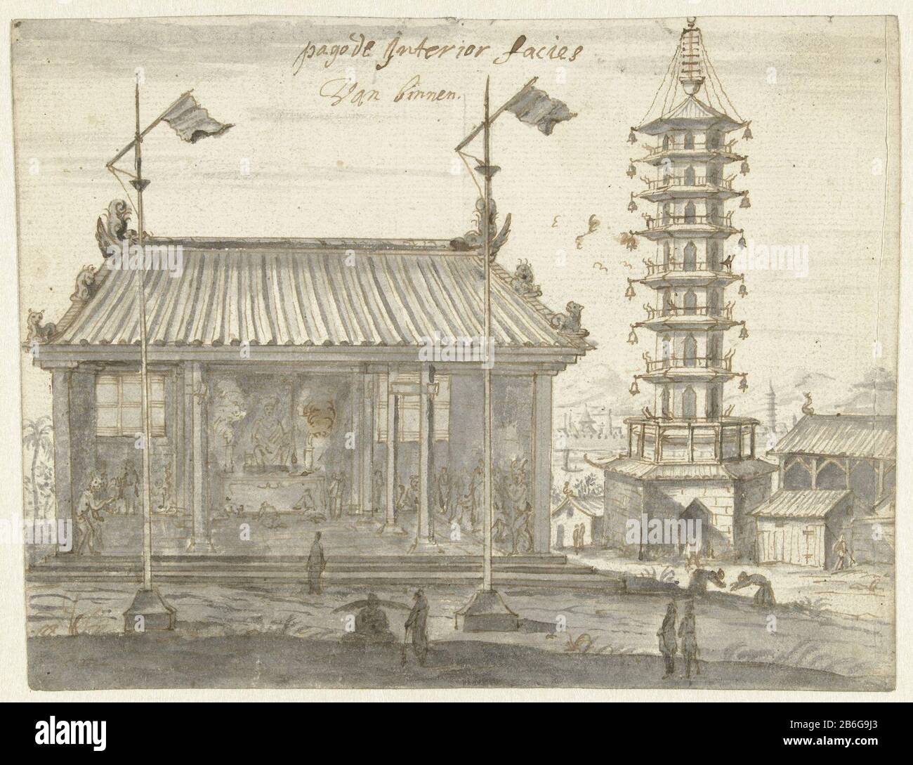 Chinese temple and pagoda Chinese temple and pagoda object type: drawing Object number: RP-T-00-208 Manufacturer :  draftsman: Joan Nieuhof Dating: 1655 - 1657 Physical characteristics: pen in brown, brush in gray material: paper Technique: pen / brush dimensions: h 172 mm × W 222 mm Subject: Chinese Temple, shrine  Hinduism, Buddhism, Jainismtemple, shrine  non-Christian religion Stock Photo