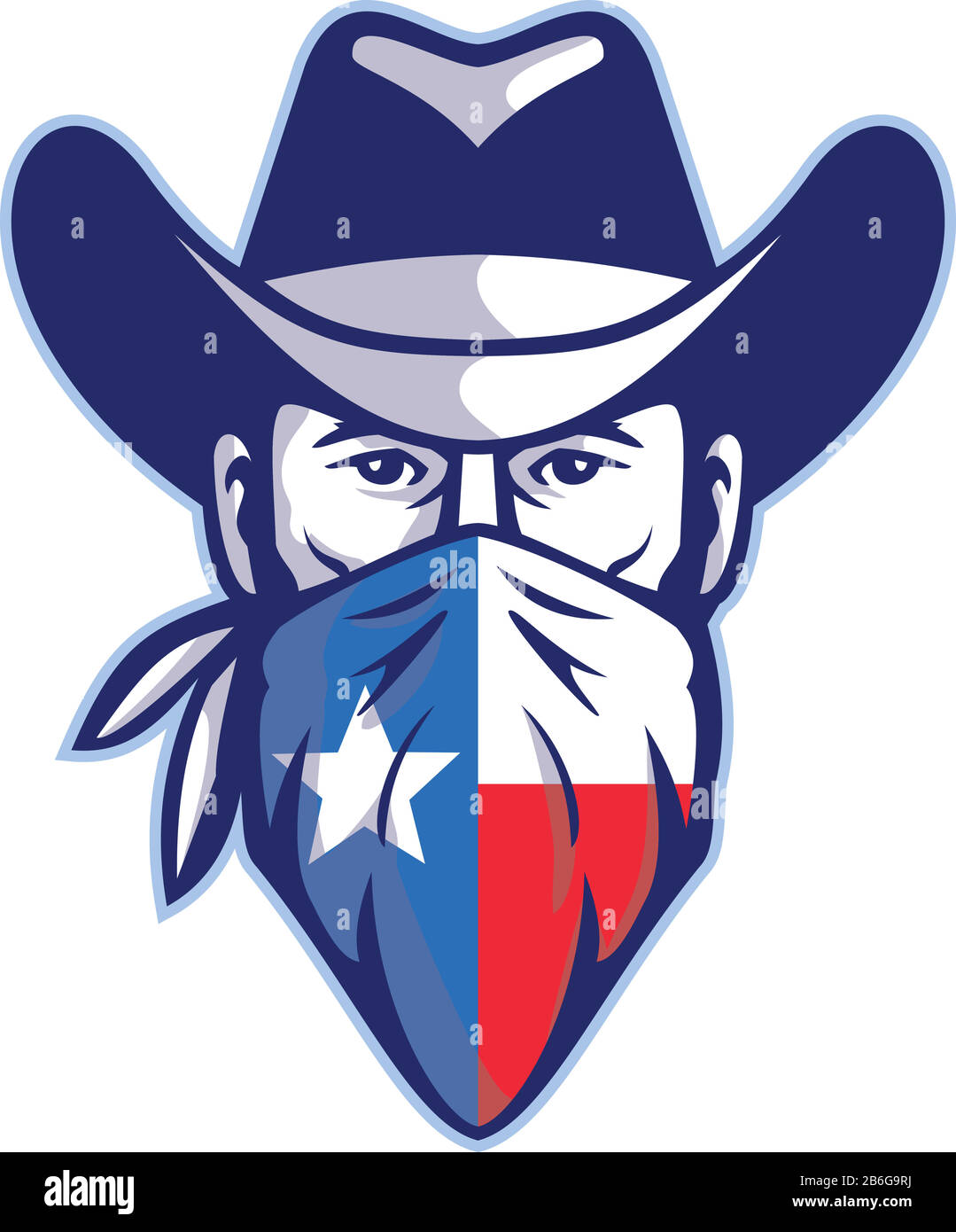 Mascot icon illustration of head of Texan bandit, outlaw or highwayman wearing cowboy hat and bandana, kerchief or bandanna with Texas Lone Star flag Stock Vector