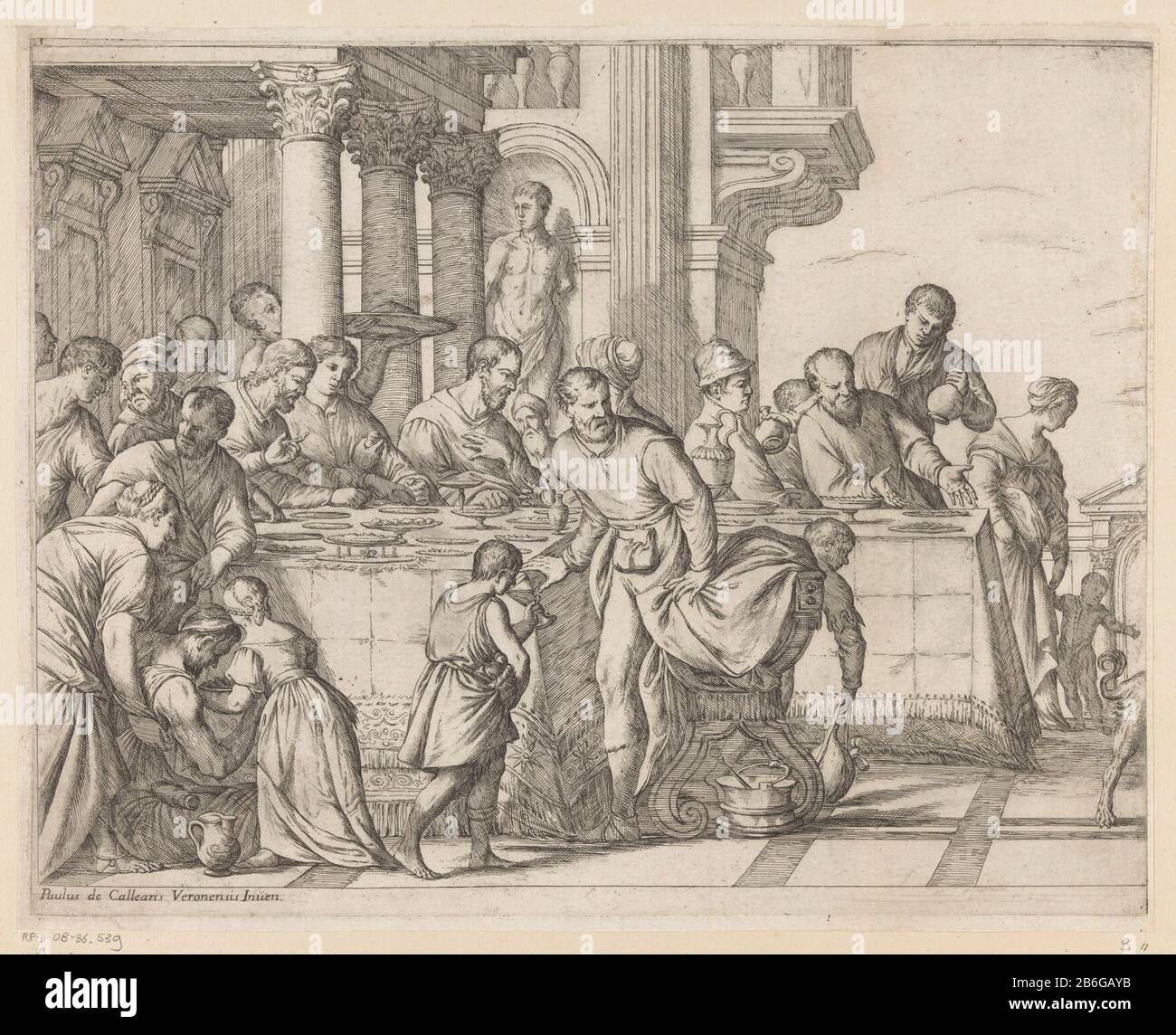 a crowd dining around a table in the house of Simon the Farizeëer. Manufacturer : printmaker Giuseppe Maria Mitellinaar drawing of Giuseppe Maria Mitellinaar painting by Paolo Veronese (listed property) Place manufacture: Italy Date: 1644 - 1718 Physical features : etching material: paper Technique: etching dimensions: plate edge: h 332 mm × W 423 mmToelichtingNaar a painting by Veronese in the Pinacoteca di Brera in Milaan. Subject: meal at the house of Simon the Pharisee (Luke 7: 36-50) Stock Photo