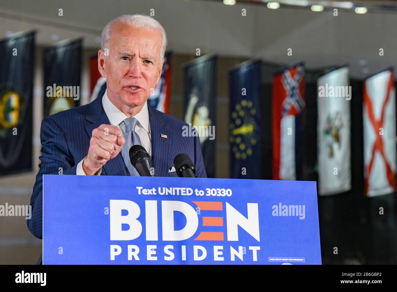 Joe Biden, United States democratic presidential candidate and former Vice President of the United States of America speaks at the National Convention Center in Philadelphia PA during primary voting Stock Photo