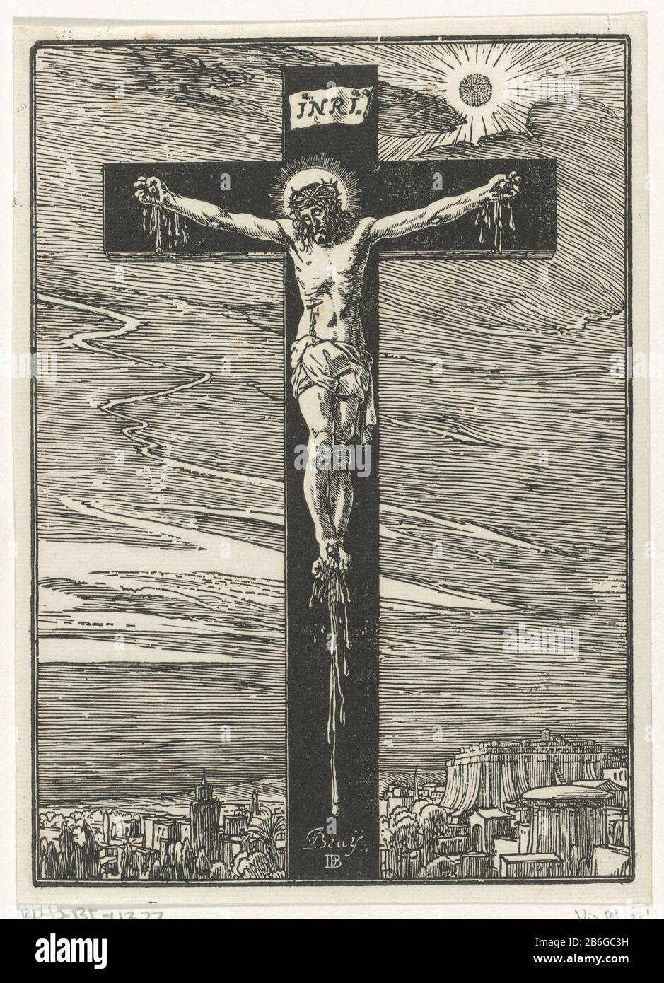 Christ on the cross Long bloodstains stress the injuries to his hands and feet. In the background the city Jeruzalem. Manufacturer : printmaker: Dirck de Bray (listed property) designed by Jan de Bray (listed property) Place manufacture: Netherlands Date: 1635 - 1694 Physical features: woodcut material: paper Technique: woodcut Dimensions: sheet: h 189 mm × W 137 mm Subject: the crucifixion of Christ: Christ's death on the cross; Calvary (Matthew 27: 45-58; Mark 15: 33-45; Luke 23: 44-52; John 19: 25-38) Where: Jerusalem Stock Photo
