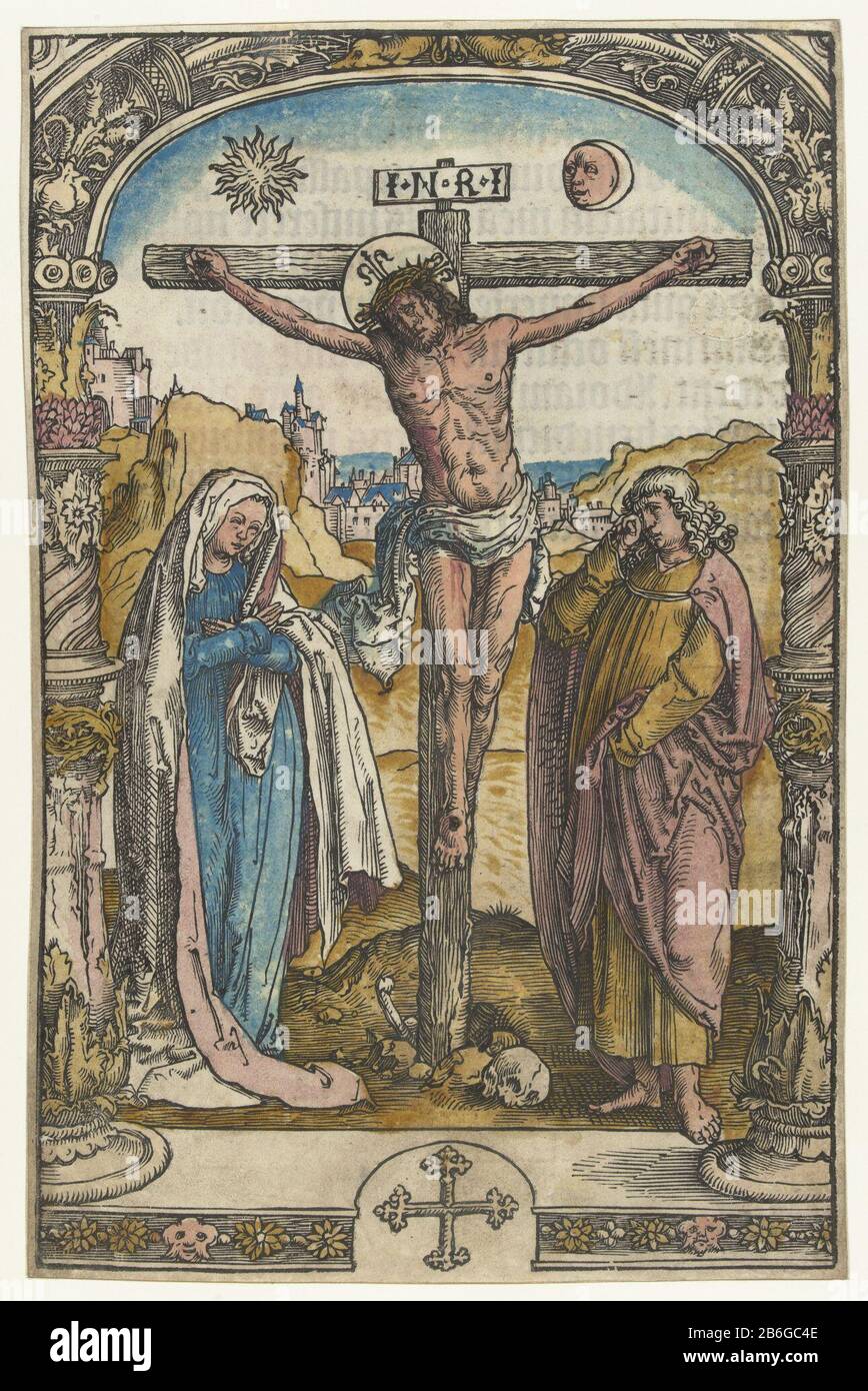 Christ on the cross Journal of a book. Christ on the cross, Mary to right, John, to linkerhand. Manufacturer : printmaker: Lucas van Leyden (attributed to) editor: Jan SeverszPlaats manufacture: printmaker: Netherlands Publisher: Leiden Date: 1510-1514 and / or 1-Jun-1514 Physical features: woodblock on parchment, hand colored in yellow, brown, pink and blue material: parchment Technique: woodcut / hand color dimensions: image: h 270 mm × W 175 mmToelichtingFolio 1v from Missale Traiectense, editing by Jan Seversz. on 1st June 1514 to Leiden. Subject: crucified Christ with Mary and John on eit Stock Photo