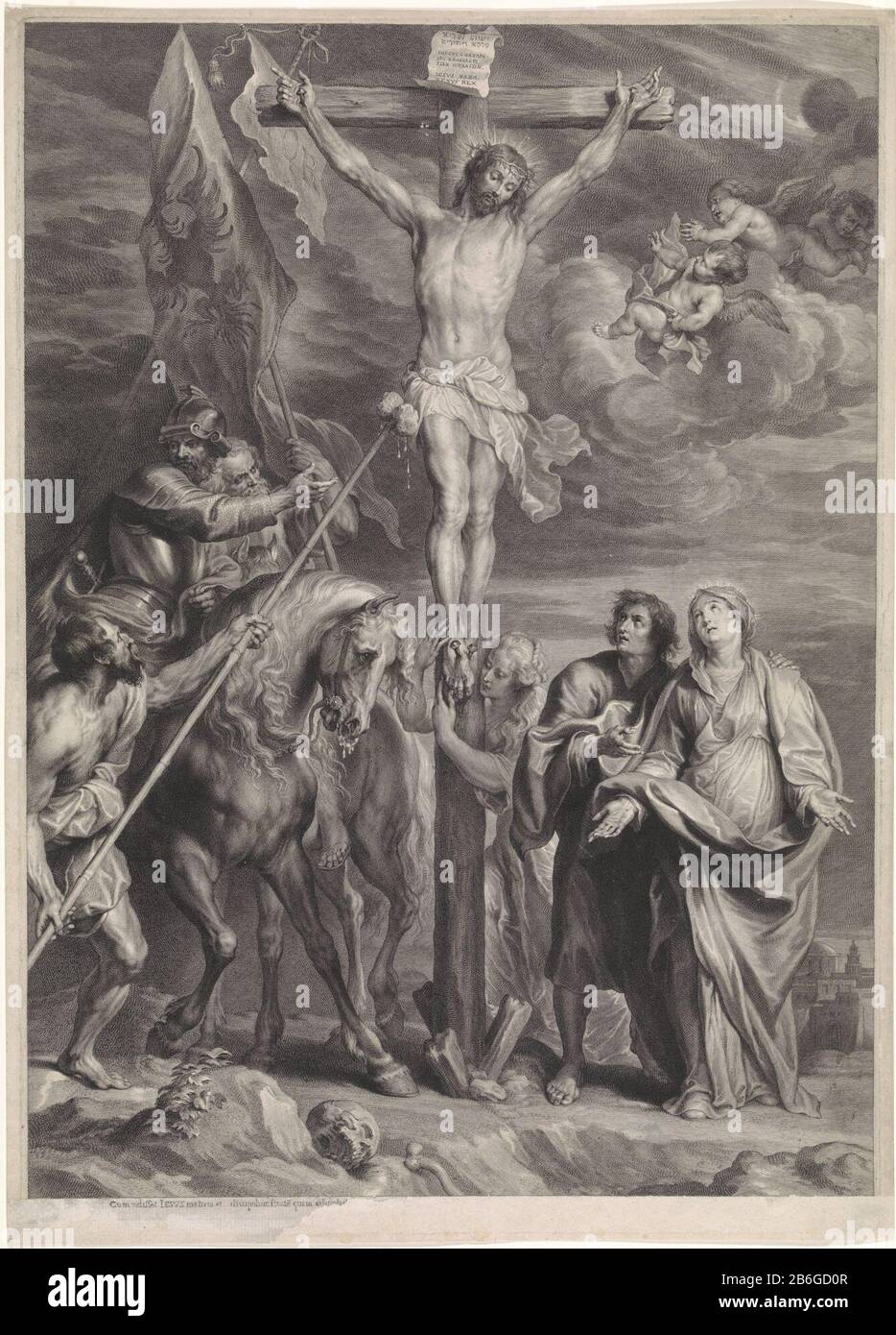 Christ on the Cross with Mary, John, Mary Magdalene and soldiers Christ on the cross with Mary, John, Mary Magdalene and soldiers. In the margin under a condition fragment from Bible John 19. Manufacturer : print maker: Schelte Adamsz. Bolswertnaar painting by Anthony van Dyck Dated: 1596 - 1659 Physical features: engra and pen in gray material: paper Technique: engra (printing process) / pen Dimensions: sheet: H 643 mm × W 463 mmToelichtingPrent to painting by Anthony van Dyck. The blade is restored Where: applied in duplicate and part of the title of the post in the fourth state with pen in Stock Photo