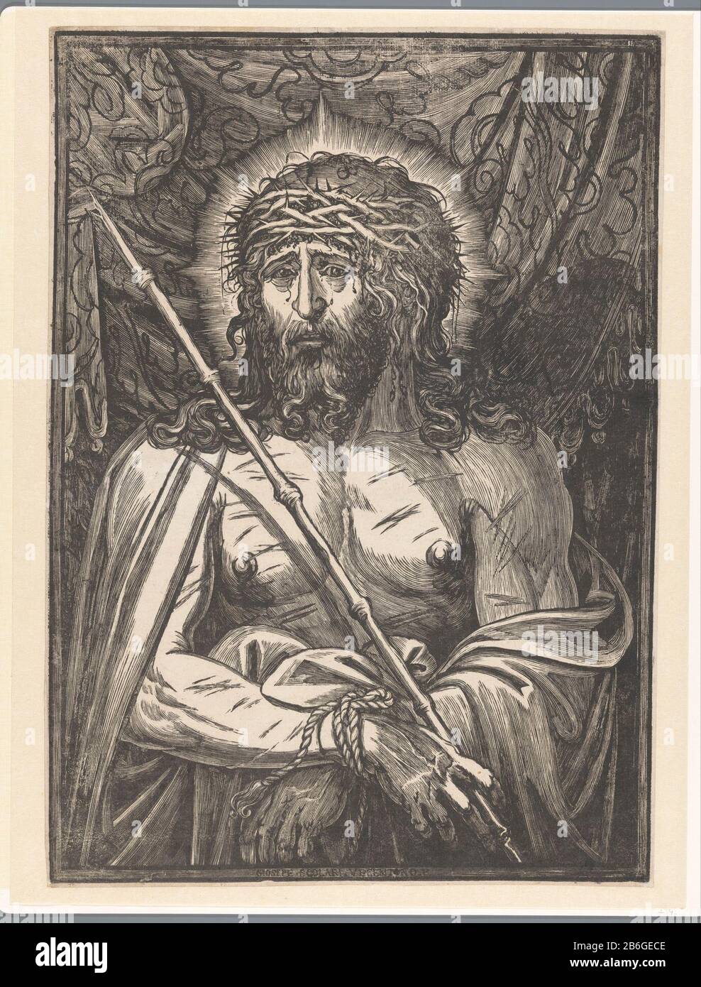 Christ as the Man of Sorrows Christ as the Man of Sorrows, with bound hands and the crown of thorns on head. In his hand he holds the reed vast. Manufacturer : printmaker Giuseppe Scolari (listed property) Place manufacture: Italy Date: 1550 - 1600 Material: paper Technique: woodcut dimensions: image: H 534 mm × W 378 mm Subject: Man of Sorrows, 'Imago pietatis ',' ErbÃ¤rmdebild '' Schmerzensmann; the upright Christ showing his wounds Benthic, usually bearing the crown of thorns, and Accompanied by the instruments of the Passion, standing or sitting in his tomb Stock Photo