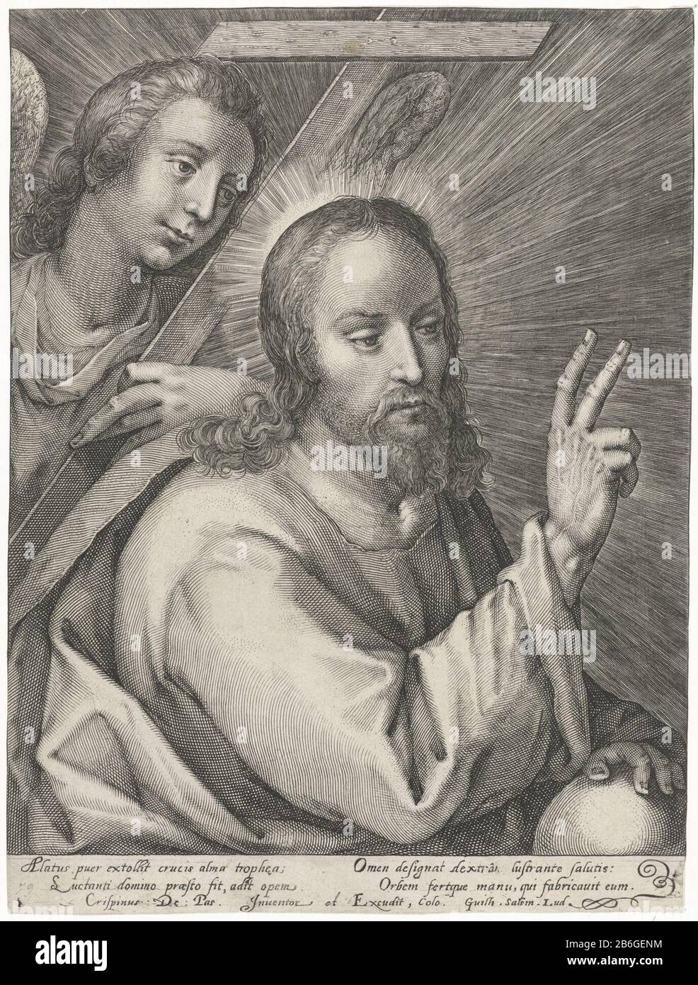 Christ as Salvator Mundi Christ makes gesture of blessing and let his hand resting on a globe. Behind it an angel that holds the cross. In the margin of a four-line signature, in two columns, in the Latijn. Manufacturer : print maker: Crispijn of de Passe (I) is (possibly) to a design by: Crispijn of de Passe (I) to read: Guilhelm Salsmanuitgever: Crispijn of de Passe ( I) Place manufacture: Cologne Date: 1574 - 1637 Physical features: car material: paper Technique: engra (printing process) Dimensions: sheet: h 254 mm × W 191 mm Subject 'Salvator Mundi', making a blessing gesture; an orb in hi Stock Photo