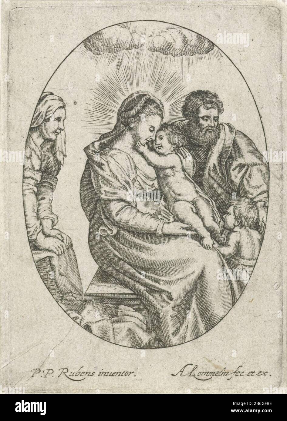 Christ in Mary's lap Mary sits with the Christ child on her lap. The young John the Baptist stands on Mary's knee. Joseph and Elizabeth look toe. Manufacturer : printmaker: Adriaen Lommelin (listed building) publisher: Adriaen Lommelin (listed building), designed by Peter Paul Rubens (listed property) Place manufacture: Antwerp Date: 1630 - 1677 Physical features: car material: paper Technique: engra (printing process) Dimensions: plate edge: h 99mm × W 71 mm Subject: Madonna: Mary sitting on the ground, the Christ-child in her lapHoly Family, and derived representation Stock Photo