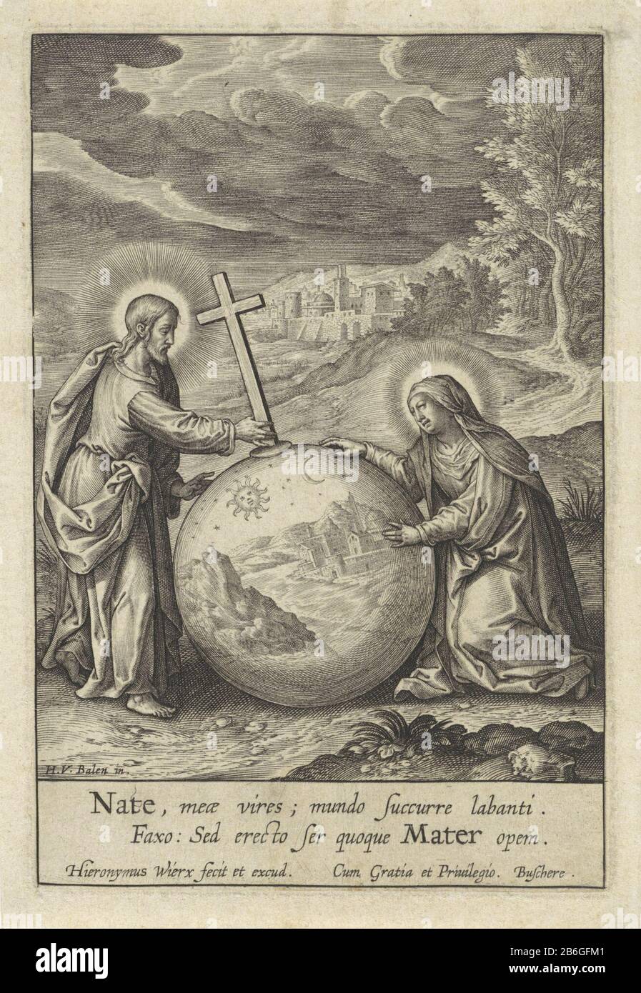 Christ and Mary in an orb in a landscape Landscape with Christ as Salvator Mundi and the virgin Mary in a large orb Where: is mapped to the city of Jerusalem. Christ extends his hand to his mother. In the margin a two-line caption in Latijn. Manufacturer : printmaker: Jerome Who: rix (listed building), designed by Hendrik van Balen (listed building) Publisher: Hieronymus Wierix (listed property) provider of privilege: Joachim de Buschere (indicated on object) Place manufacture: Antwerpen Date: 1563 - for 1619 Physical characteristics: engra material: paper Technique: engra (printing process) M Stock Photo