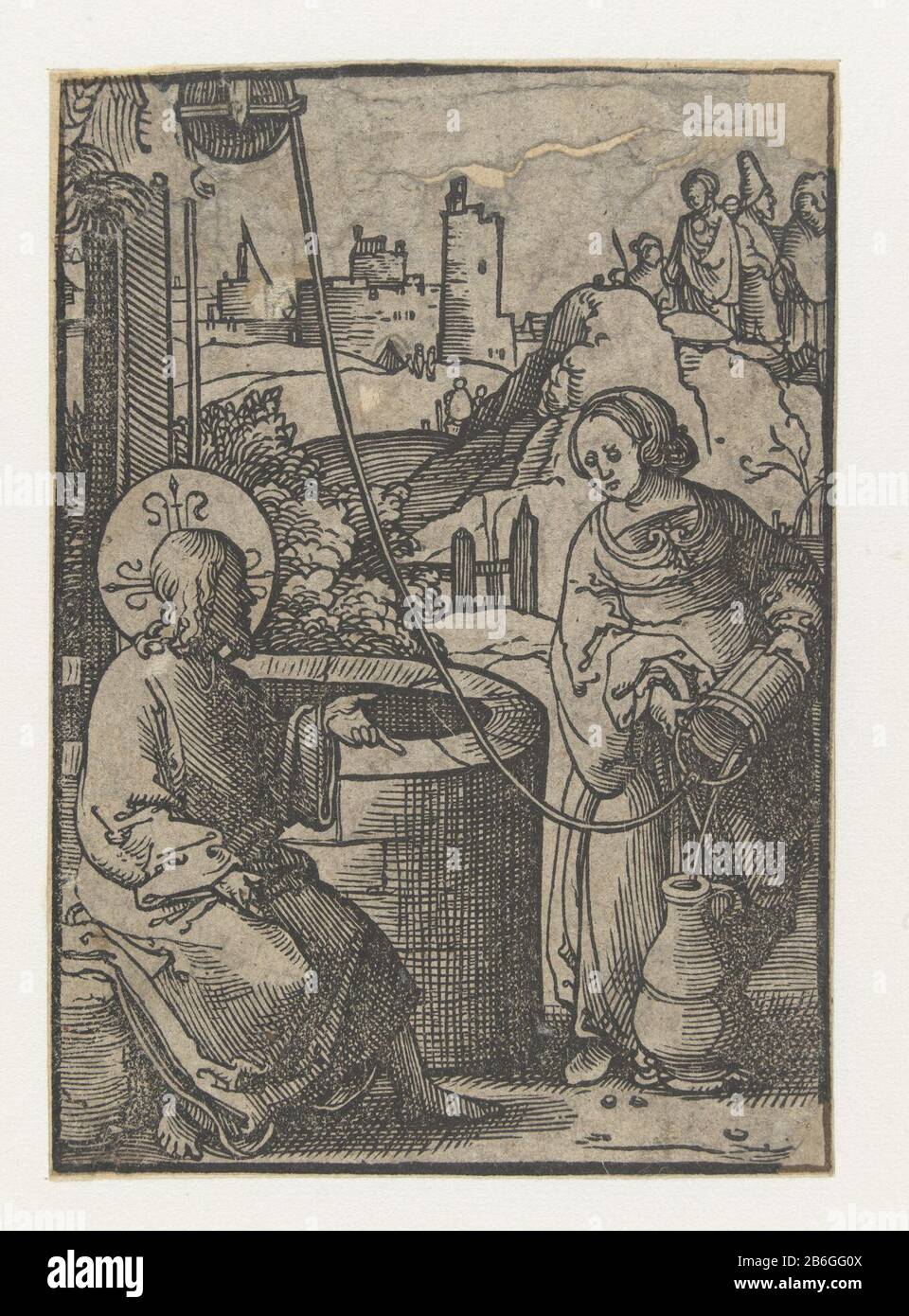 Christ and the Samaritan woman Stupid Passion (serietitel) Christ and the Samaritan woman stupid Passion (series title) Property Type: picture book illustration Item number: RP-P-OB-1832Catalogusreferentie: New Hollstein Dutch 280New Hollstein Dutch 200Opmerking: copy marking / Brands: collector's mark, verso lower left, stamped: Lugt 2228 Manufacturer : to print by Lucas van Leyden print Author: anonymous place manufacture: Netherlands Date: 1518 - 1522 Physical features: woodcut, frame updated with pin material: paper Technique: woodcut / pen Dimensions: sheet: h 112 mm × W 79 mmToelichtingH Stock Photo