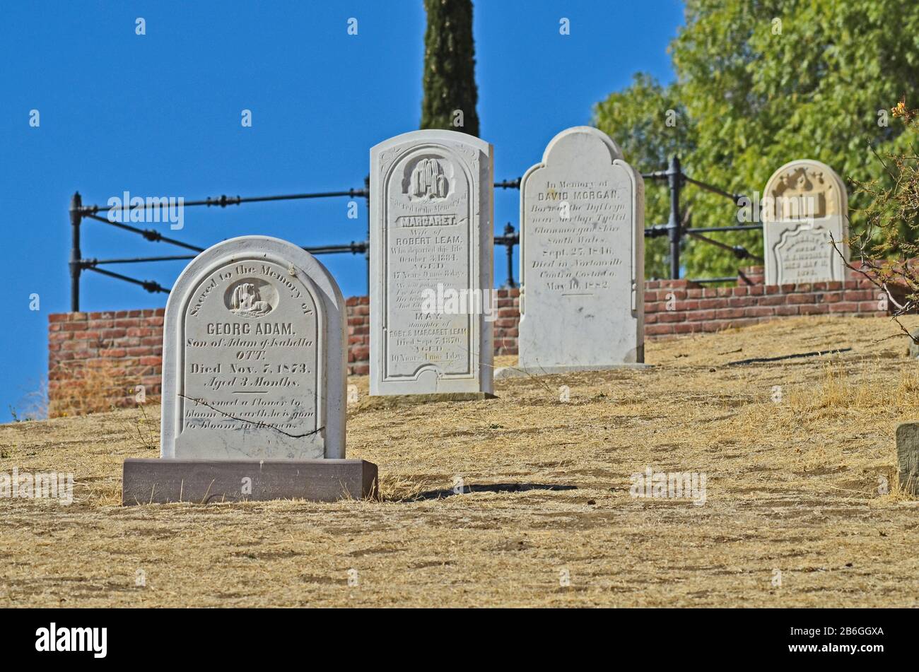 Headstones of George Adam, Margret Leam  and David Morgan at Rose Hill Cemetery, Black Diamond Mines, Nortonville, Antioch, California, USA Stock Photo