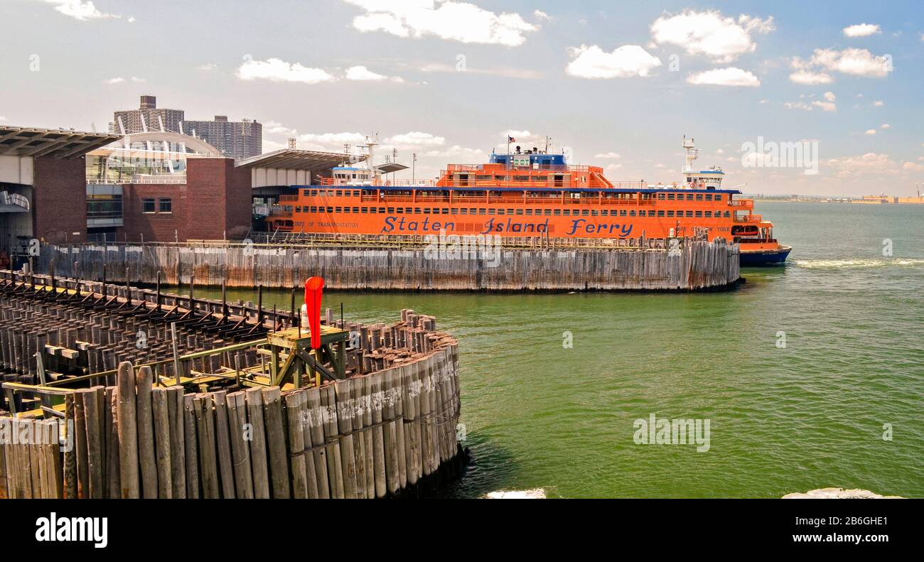 Staten Island Ferry.  At dock at Staten Island Ferry Terminal. Staten Island, New York, USA, home of Staten Island Yankees Stock Photo