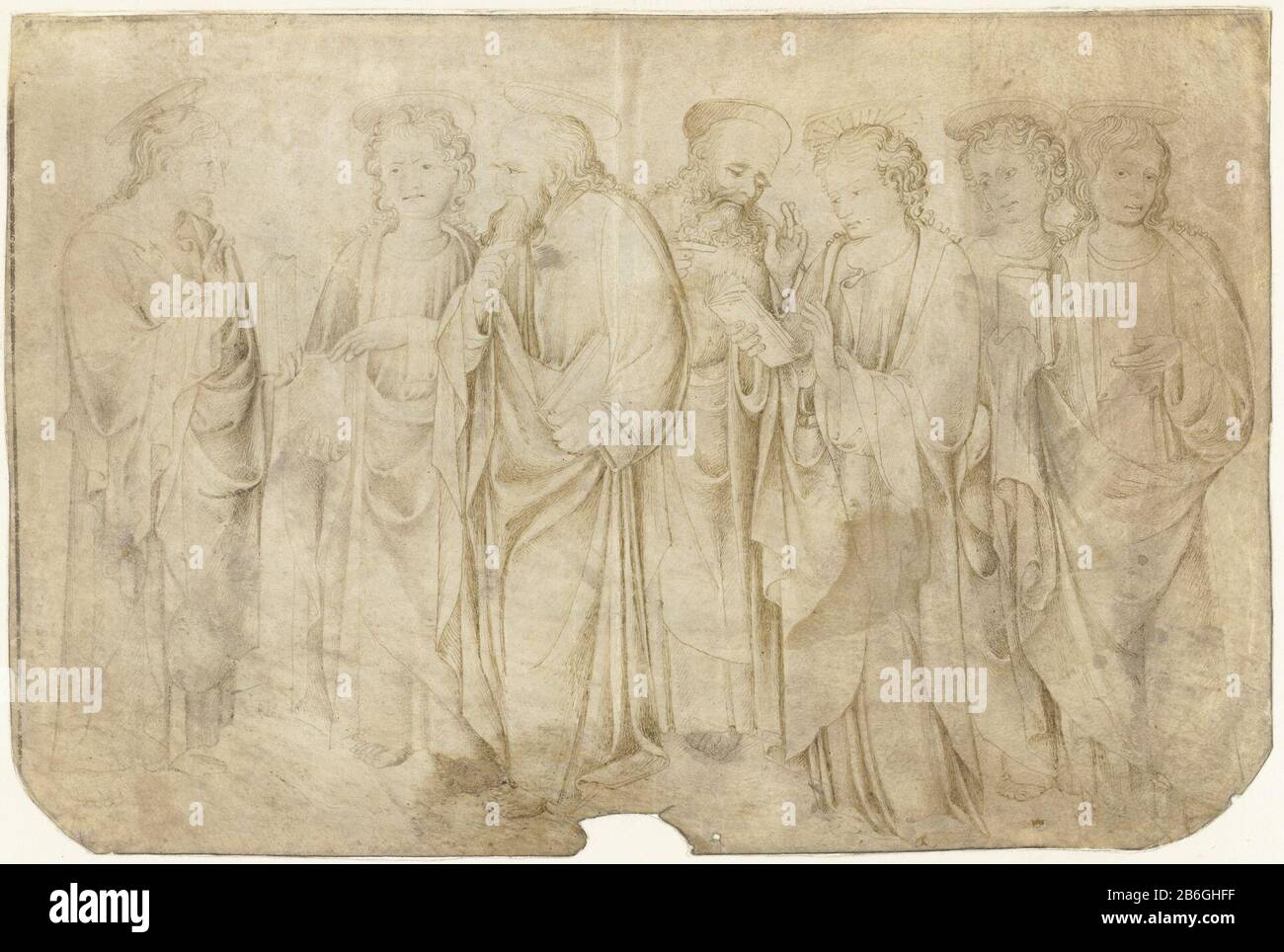 Christ and six apostles BC and six apostle object type: drawing Object number: RP-T-1965-206 Manufacturer :  draftsman: anonymous date: ca. 1400 - ca. 1500 Physical characteristics: pen in brown on parchment material: parchment Ink Technique: pen Dimensions: h 141 mm × W 212 mm Stock Photo