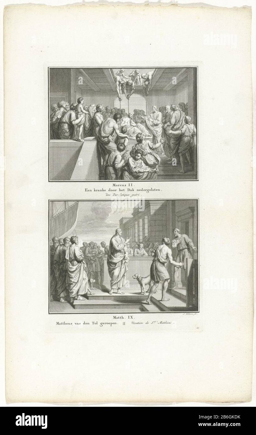 Christ healed a cripple and the calling of Matthew Two Bible stories from Mar. 2 and Mat. 9. Christ cures a cripple which is inserted through an opening in the roof, and the calling of the apostle Matthew. Two performances of one plate, each with a title in Dutch and French. Fully numbered bottom right: 10. Manufacturer : printmaker Jacob Folkema (listed building) publisher: Jan de Groot Publisher: Abraham Blussé & Son Place manufacture: Publisher: Amsterdam Publisher: Dordrecht Date: 1791 Physical features: etching material: paper Technique: etching Dimensions: plate edge: H 317 mm b × 186 mm Stock Photo
