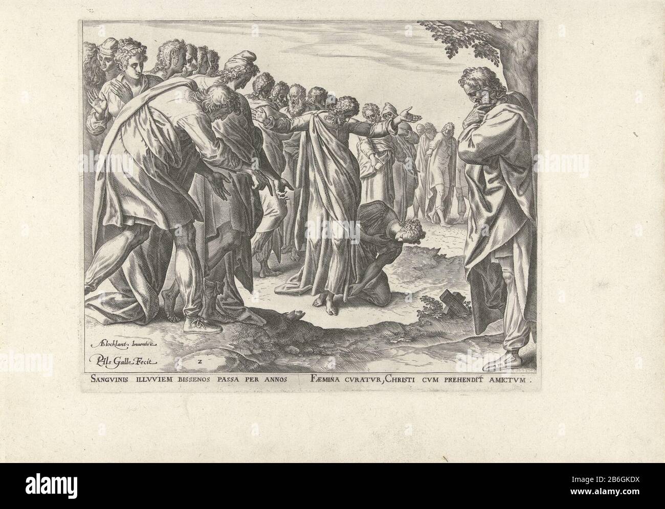 Christ is among a group of men in front of the temple. A sick woman kneeling beside him on the floor and touch the hem of his robe to heal her ziekte. Manufacturer : printmaker: Philip Galle (listed property) designed by: Anthonie Blocklandt (listed property) Place manufacture: Antwerp Dated: ca. 1577 - ca. 1579 Physical characteristics: engra material: paper Technique: engra (printing process) Measurements: plate edge: h 210 mm × W 260 mm Subject: healing of a woman with an issue of blood: she kneels before Christ after ha touched his robe (Matthew 9: 20-22; Mark 5: 25-34; Luke 8: 43-48) Stock Photo