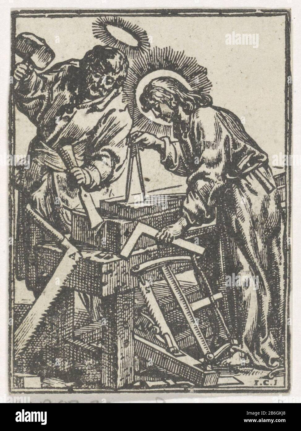Christ Joseph helps carpenter work Christ helps Joseph in carpenter's object type: picture book illustration Item number: RP-P-OB-30.048Catalogusreferentie: Hollstein Dutch 8 Inscriptions / Brands: collector's mark, verso, stamped: Lugt 2228 collector's mark , verso lower left, stamped: Lugt 240 Manufacturer : printmaker Jan Christoffel Jegher (listed building), designed by Antoine Sallaert (listed building) publisher Cornelis Li Place manufacture: Antwerp Date: 1649 Physical features: woodcut and text printing on the verso material: paper Technique: woodcut / printing sizes: leaf: h 88 mm × 6 Stock Photo